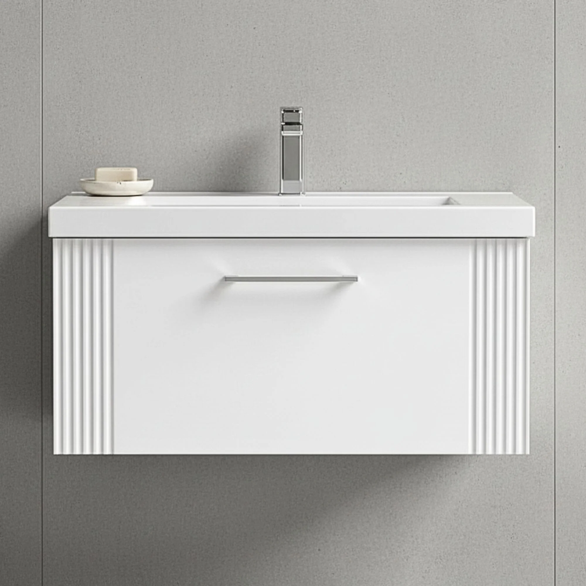 Belvide Partial Fluted 1 Drawer Wall Hung Vanity Unit with Mid-Edge 1 Tap Hole Ceramic Basin - Image 6