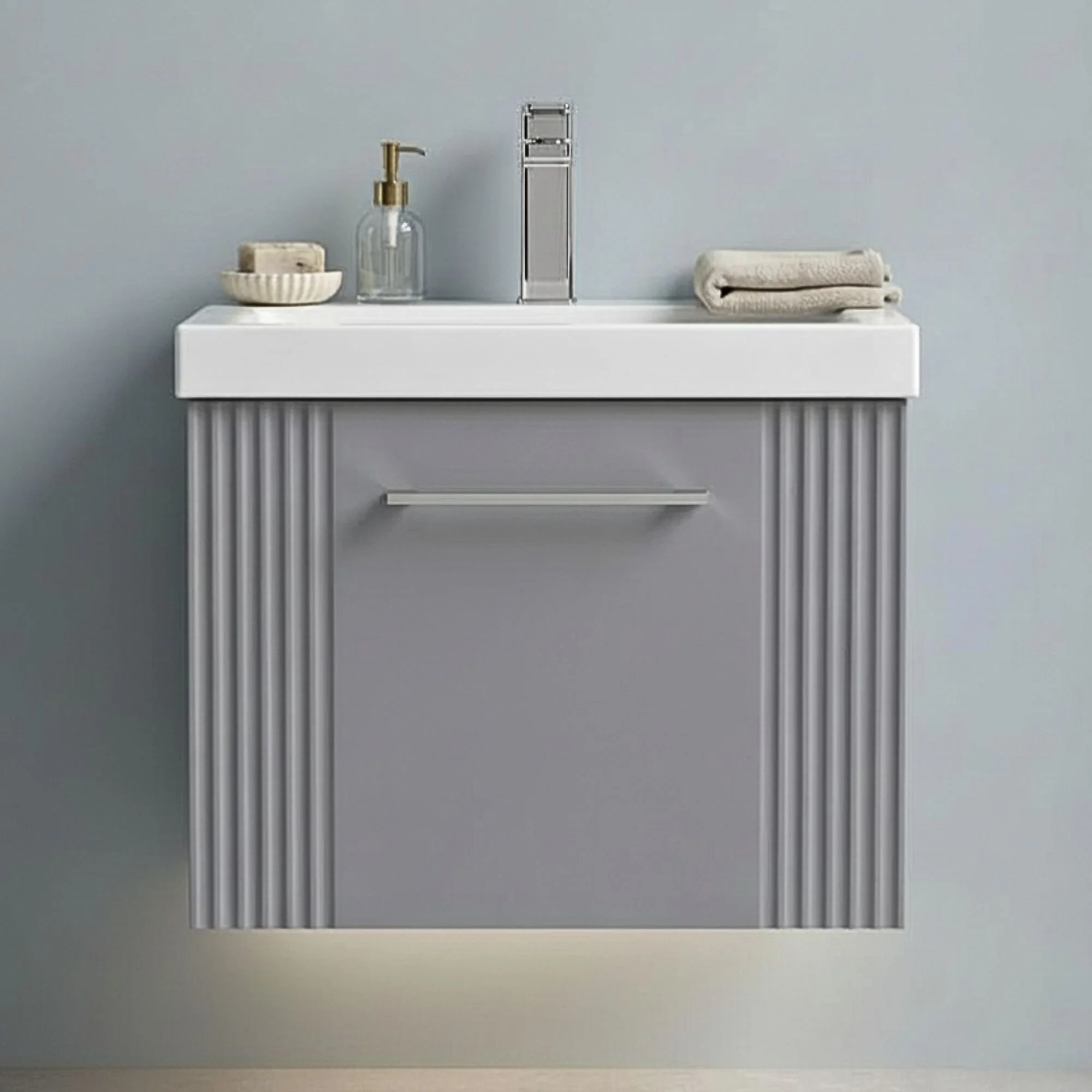 Belvide Partial Fluted 1 Drawer Wall Hung Vanity Unit with Mid-Edge 1 Tap Hole Ceramic Basin - Image 7