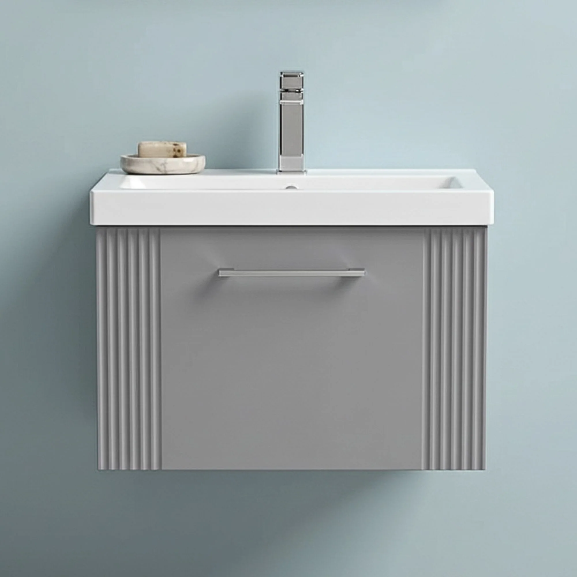 Belvide Partial Fluted 1 Drawer Wall Hung Vanity Unit with Mid-Edge 1 Tap Hole Ceramic Basin - Image 8