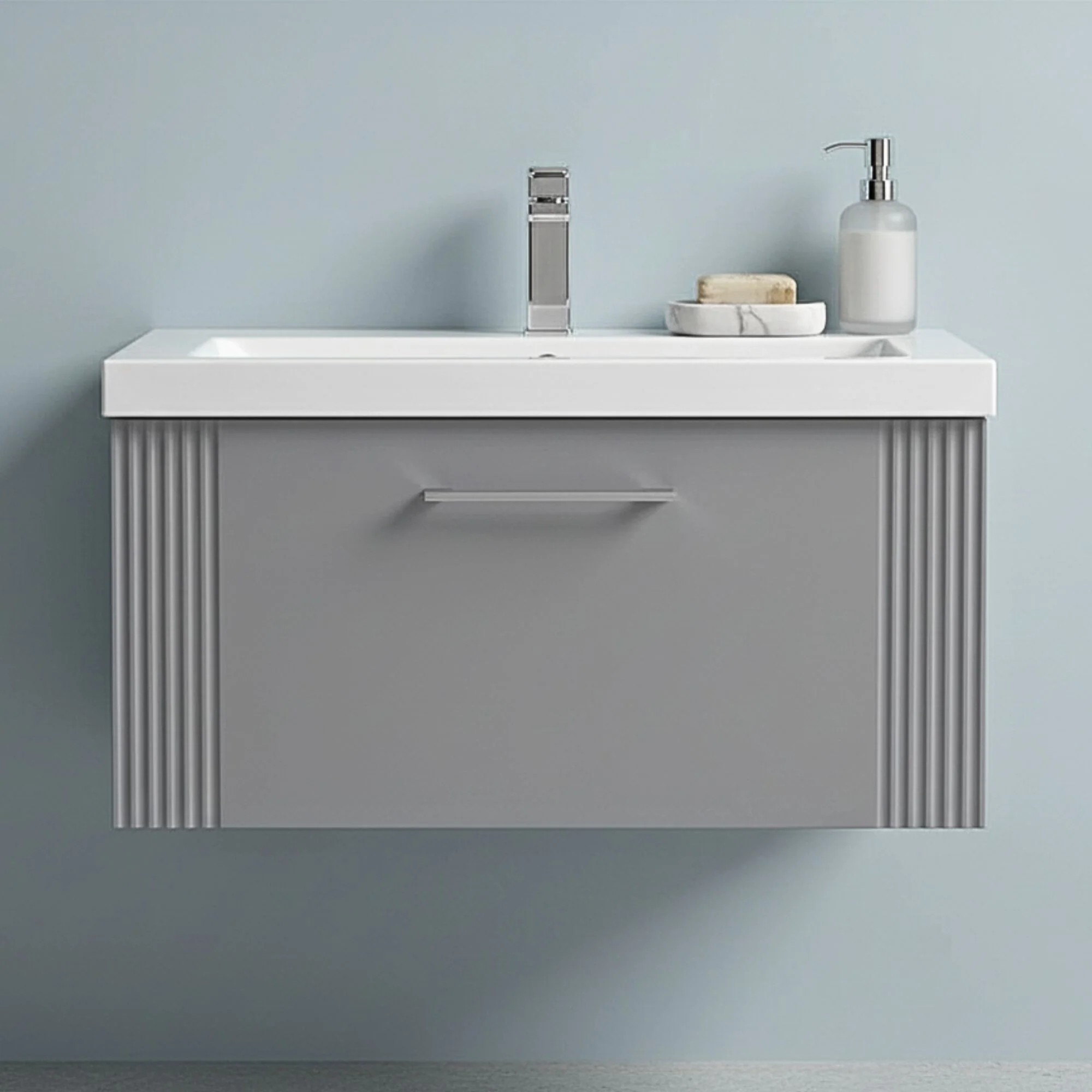 Belvide Partial Fluted 1 Drawer Wall Hung Vanity Unit with Mid-Edge 1 Tap Hole Ceramic Basin - Image 9