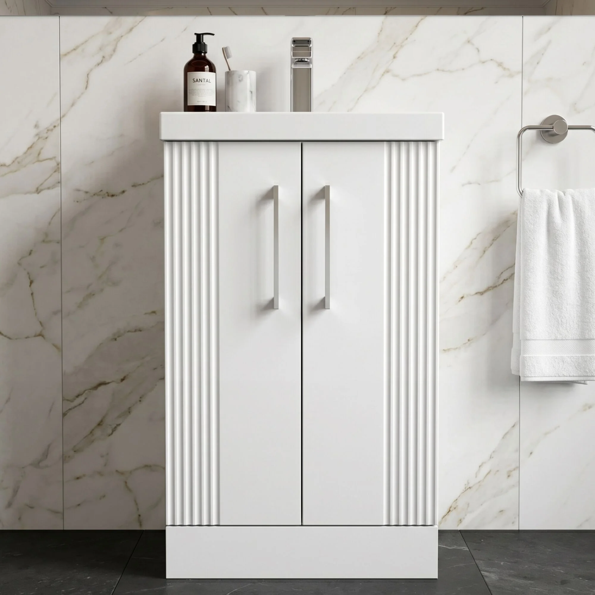 Belvide Partial Fluted 2 Door Floor Standing Vanity Unit with Mid-Edge 1 Tap Hole Ceramic Basin
