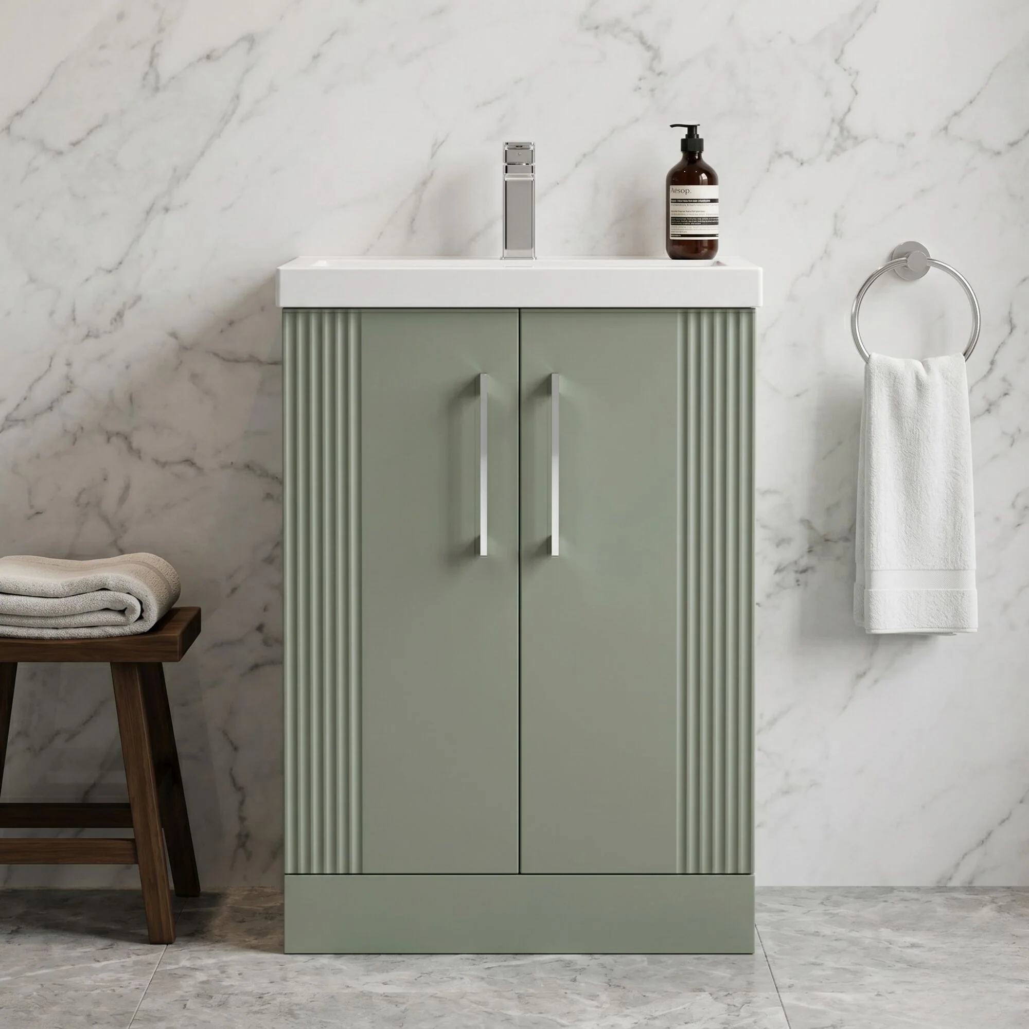 Belvide Partial Fluted 2 Door Floor Standing Vanity Unit with Mid-Edge 1 Tap Hole Ceramic Basin - Image 10