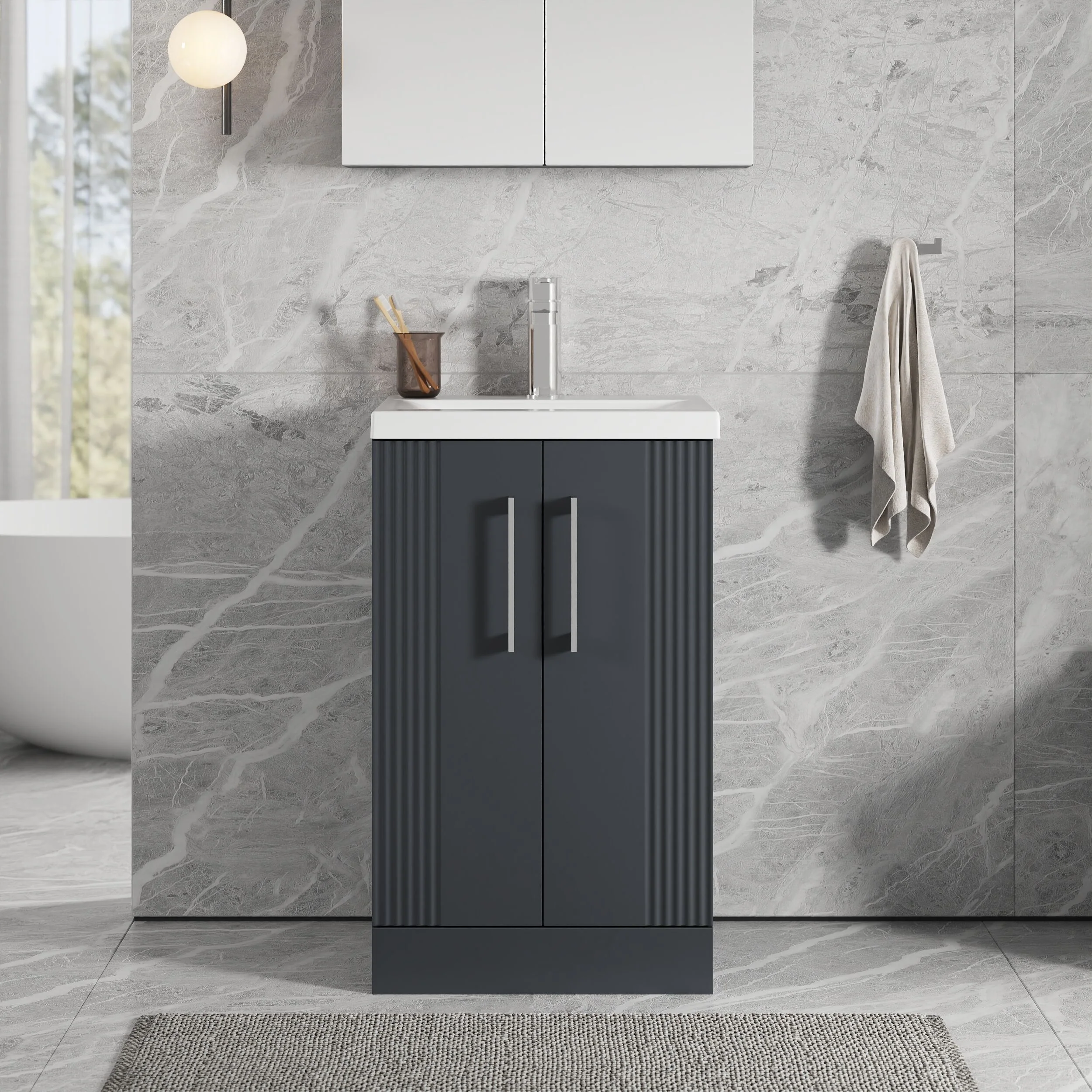 Belvide Partial Fluted 2 Door Floor Standing Vanity Unit with Mid-Edge 1 Tap Hole Ceramic Basin - Image 13