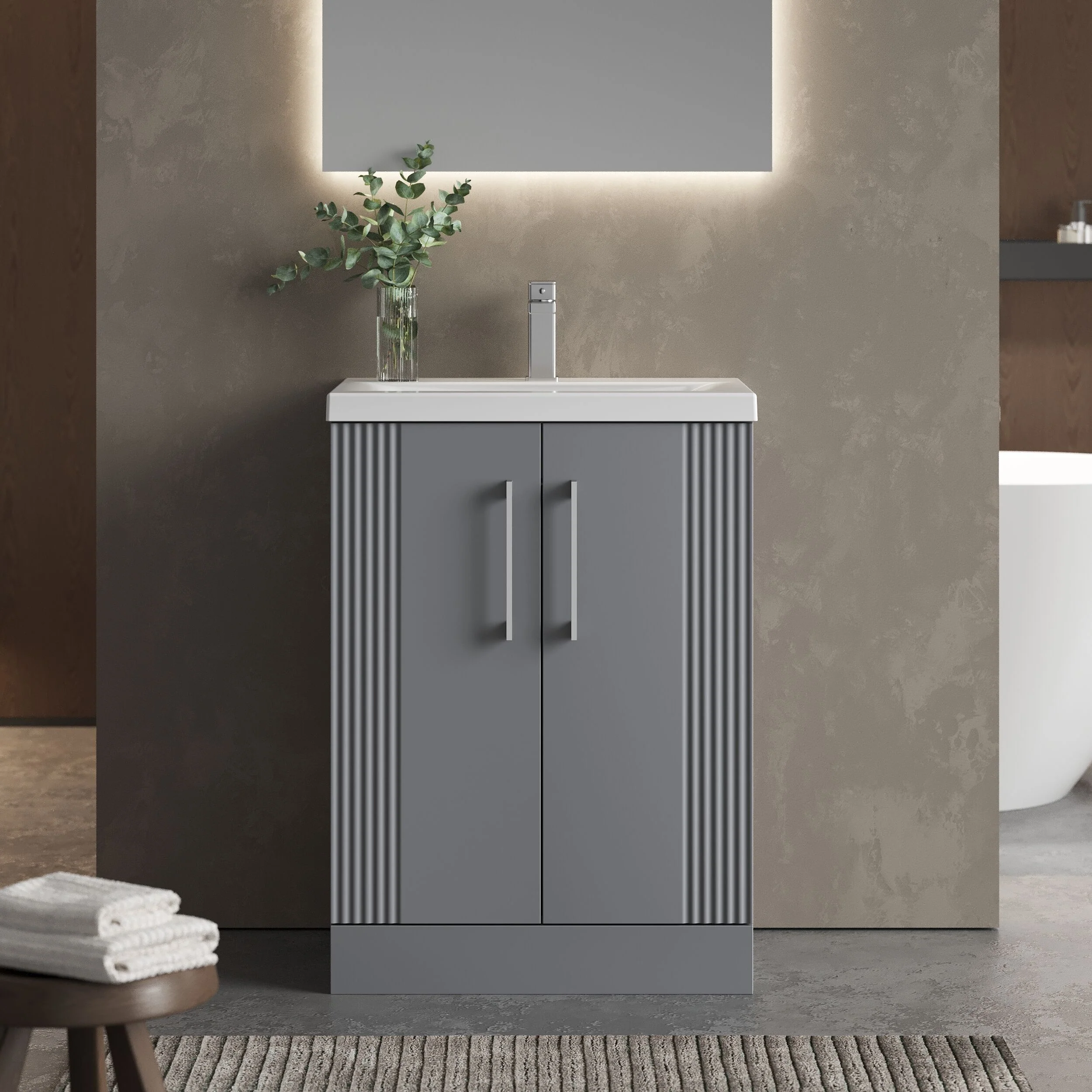 Belvide Partial Fluted 2 Door Floor Standing Vanity Unit with Mid-Edge 1 Tap Hole Ceramic Basin - Image 16