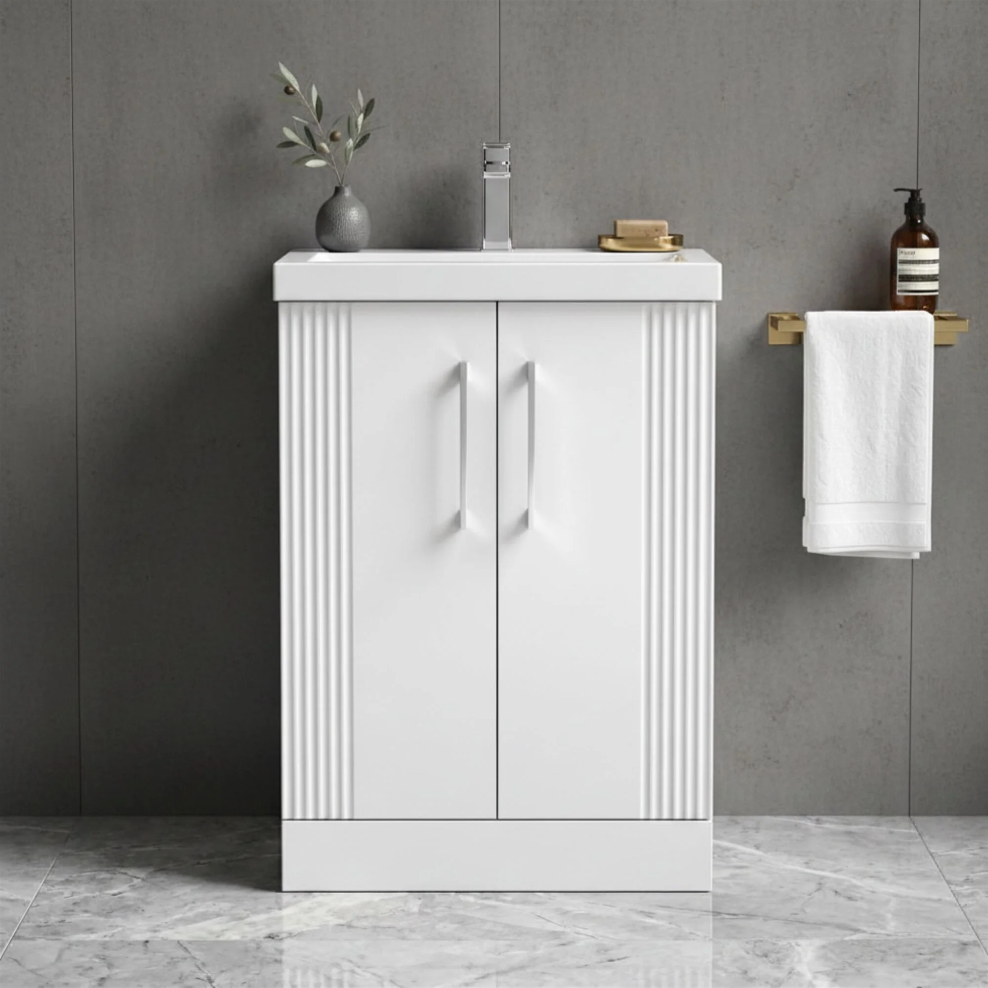 Belvide Partial Fluted 2 Door Floor Standing Vanity Unit with Mid-Edge 1 Tap Hole Ceramic Basin - Image 2