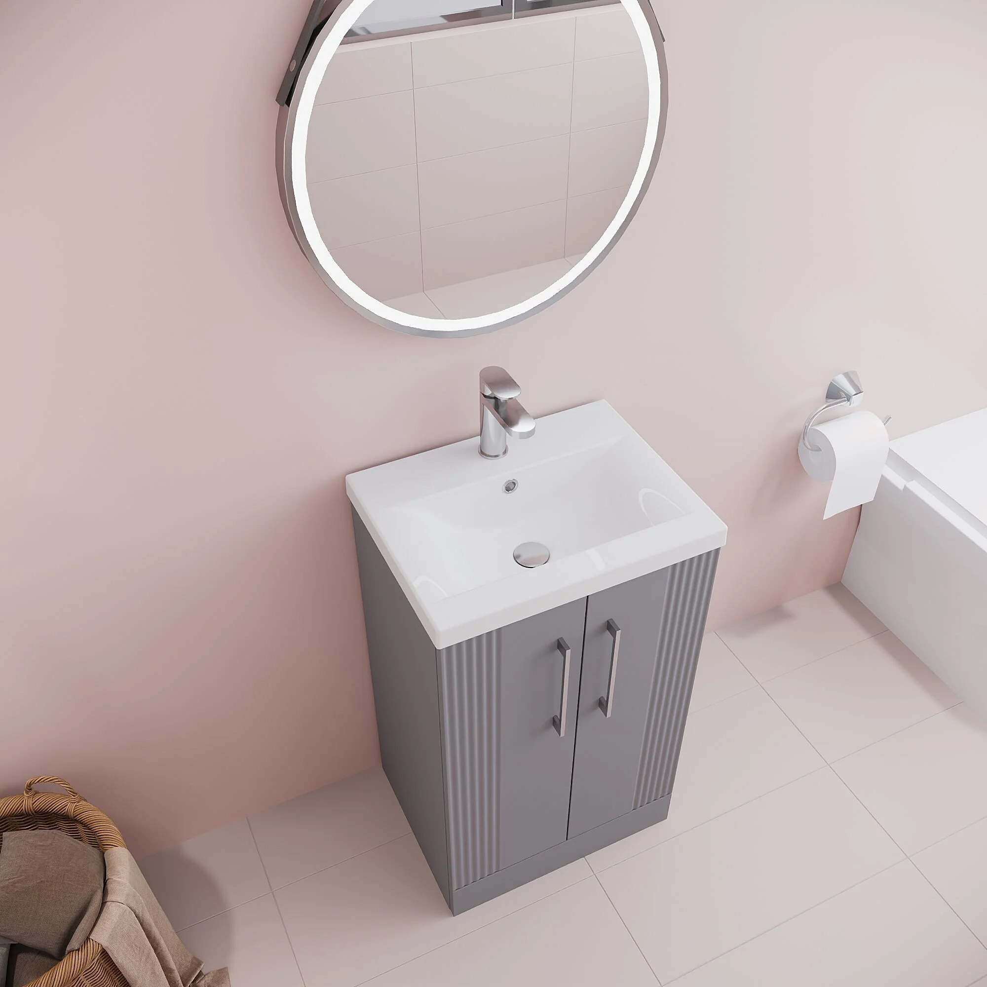 Belvide Partial Fluted 2 Door Floor Standing Vanity Unit with Mid-Edge 1 Tap Hole Ceramic Basin - Image 25