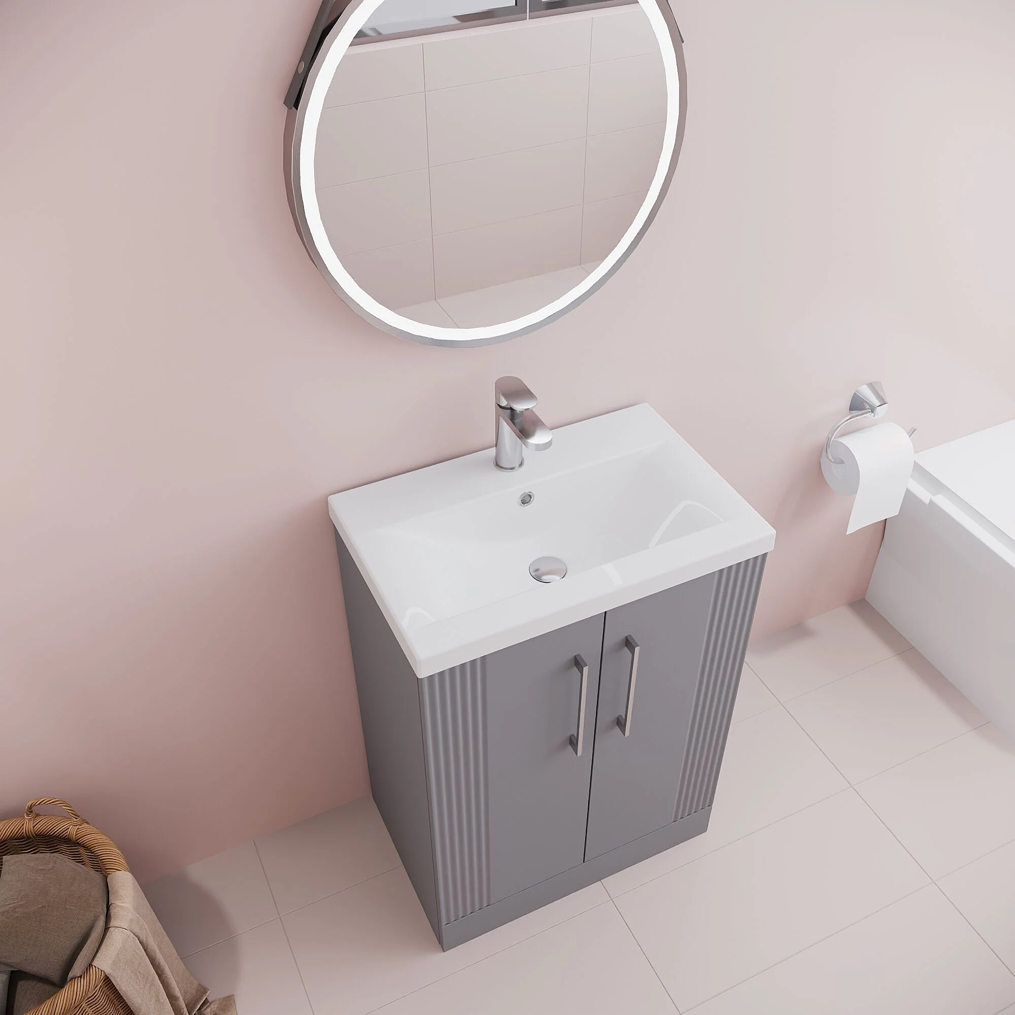 Belvide Partial Fluted 2 Door Floor Standing Vanity Unit with Mid-Edge 1 Tap Hole Ceramic Basin - Image 26