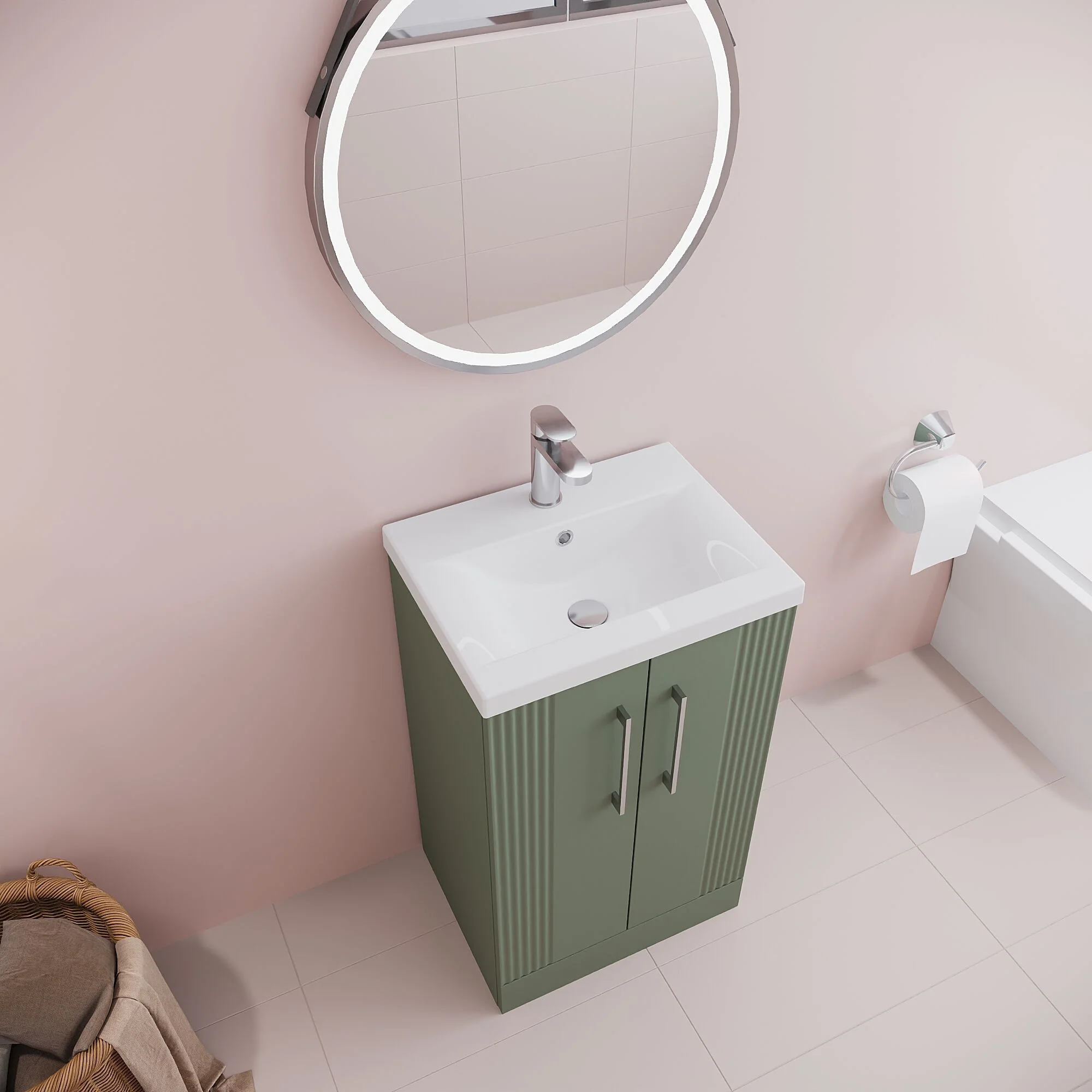 Belvide Partial Fluted 2 Door Floor Standing Vanity Unit with Mid-Edge 1 Tap Hole Ceramic Basin - Image 29