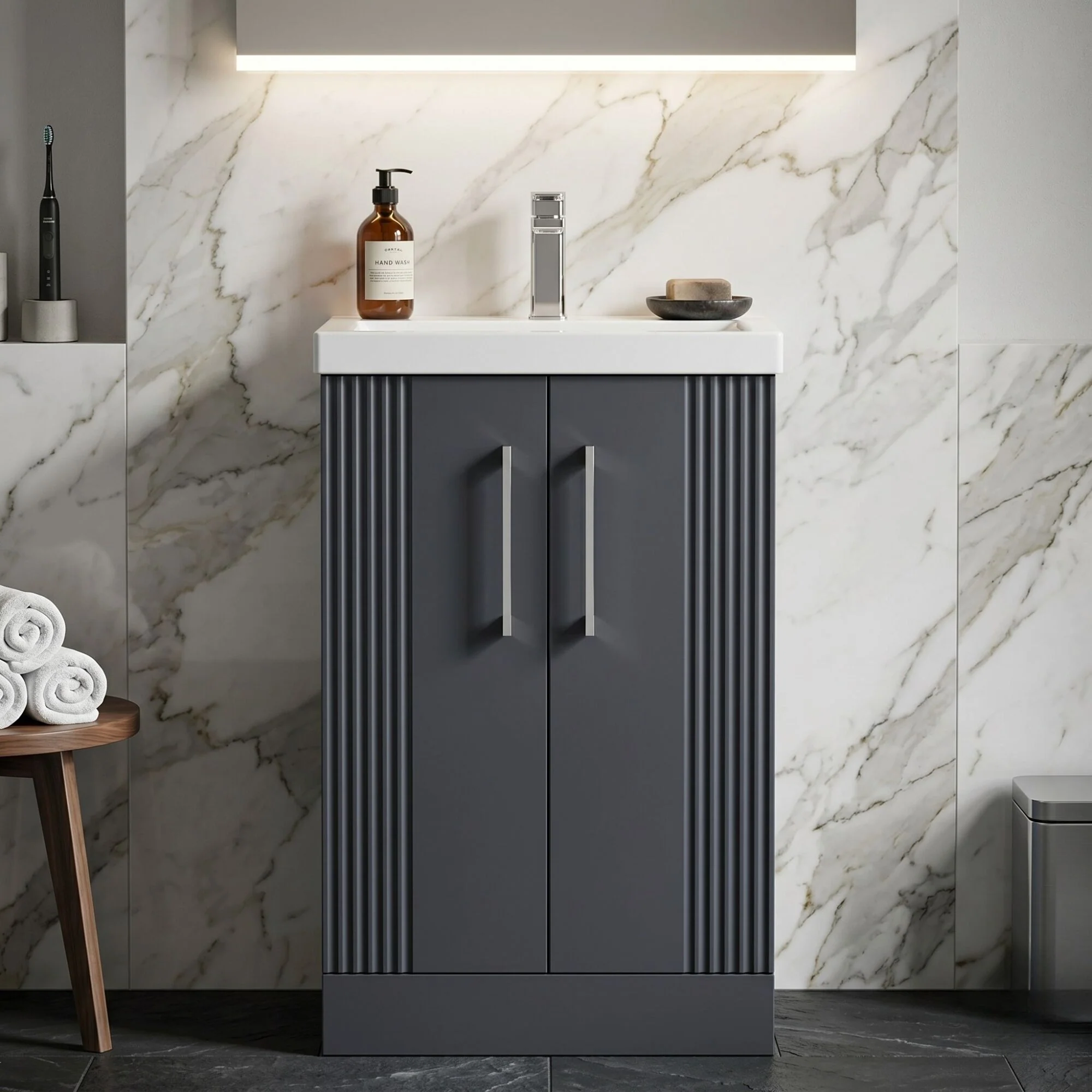 Belvide Partial Fluted 2 Door Floor Standing Vanity Unit with Mid-Edge 1 Tap Hole Ceramic Basin - Image 3