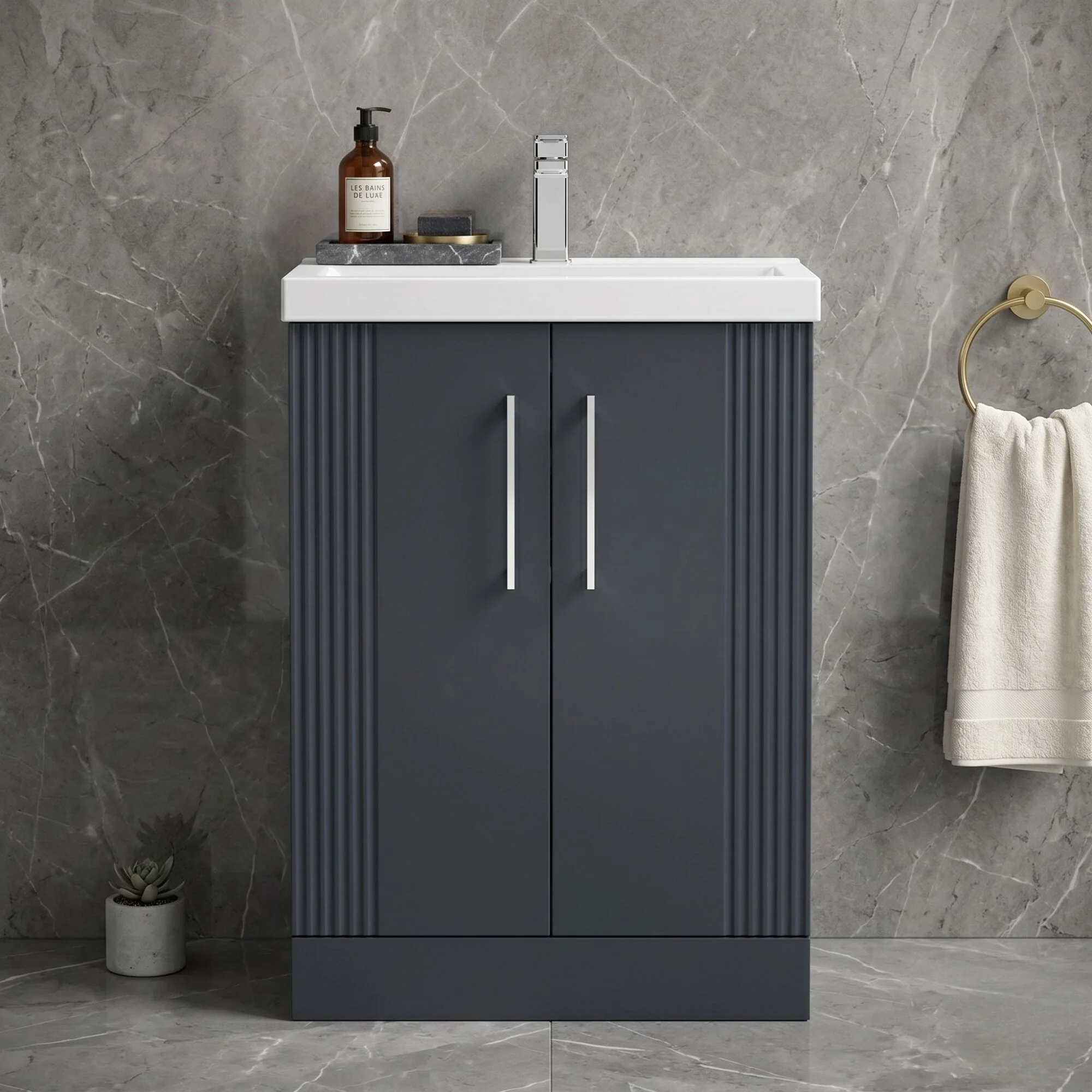 Belvide Partial Fluted 2 Door Floor Standing Vanity Unit with Mid-Edge 1 Tap Hole Ceramic Basin - Image 4