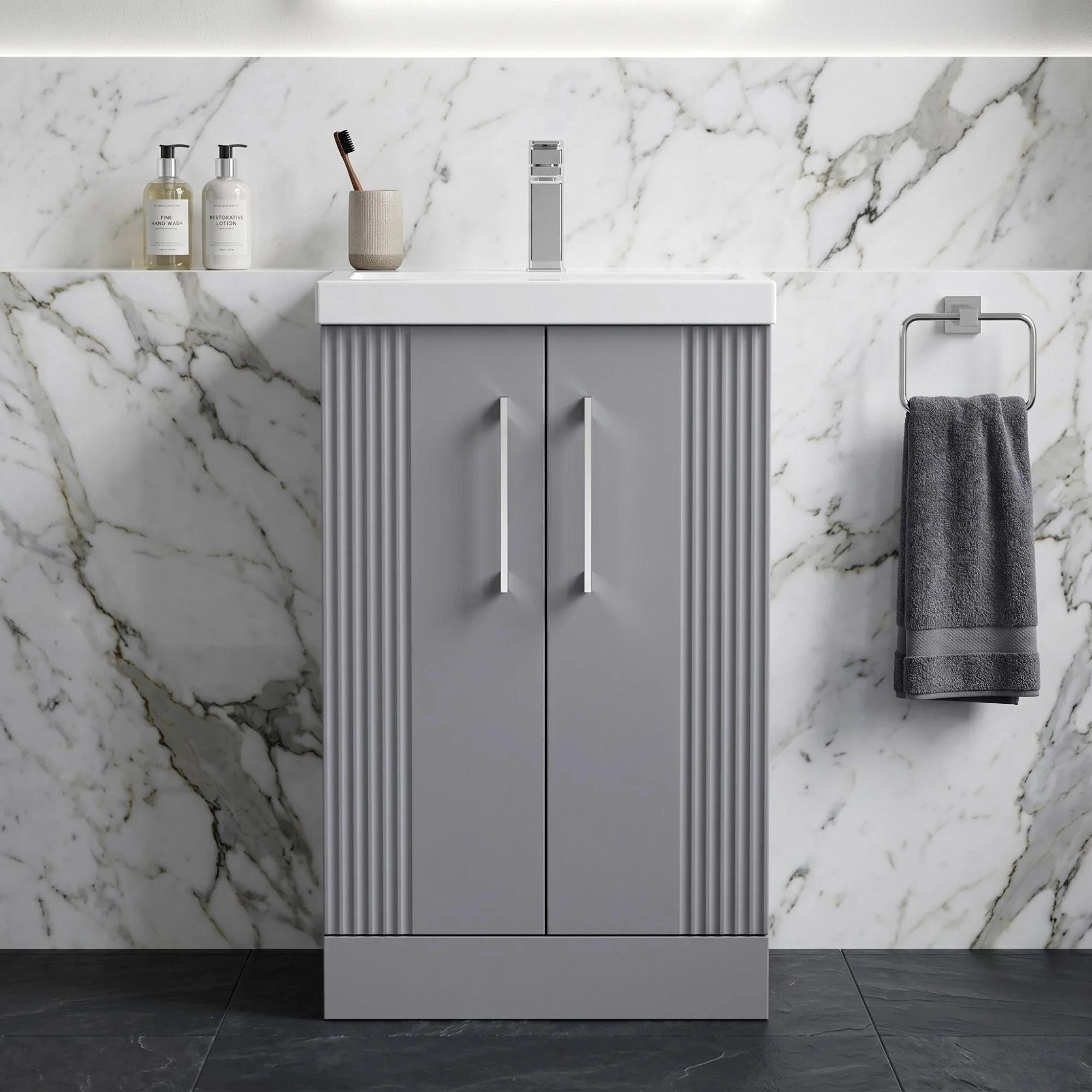 Belvide Partial Fluted 2 Door Floor Standing Vanity Unit with Mid-Edge 1 Tap Hole Ceramic Basin - Image 5
