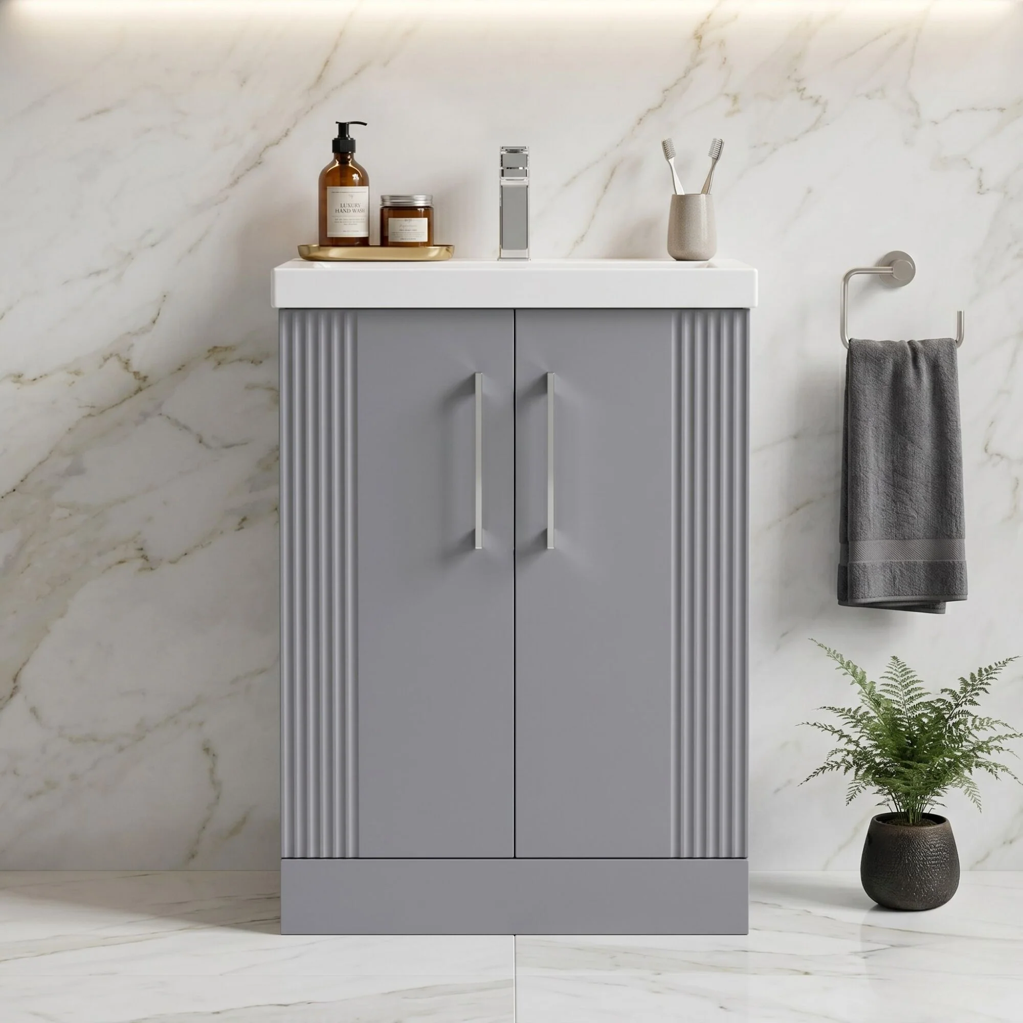 Belvide Partial Fluted 2 Door Floor Standing Vanity Unit with Mid-Edge 1 Tap Hole Ceramic Basin - Image 6