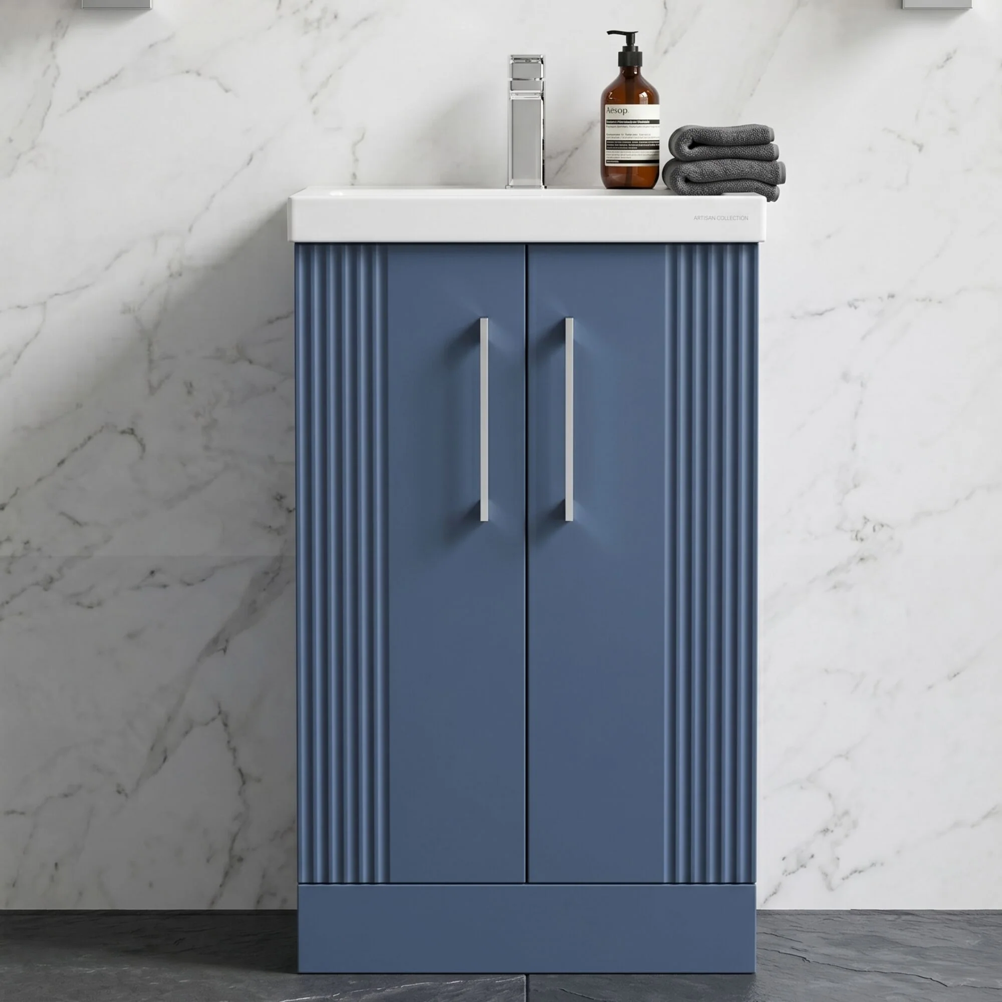 Belvide Partial Fluted 2 Door Floor Standing Vanity Unit with Mid-Edge 1 Tap Hole Ceramic Basin - Image 7