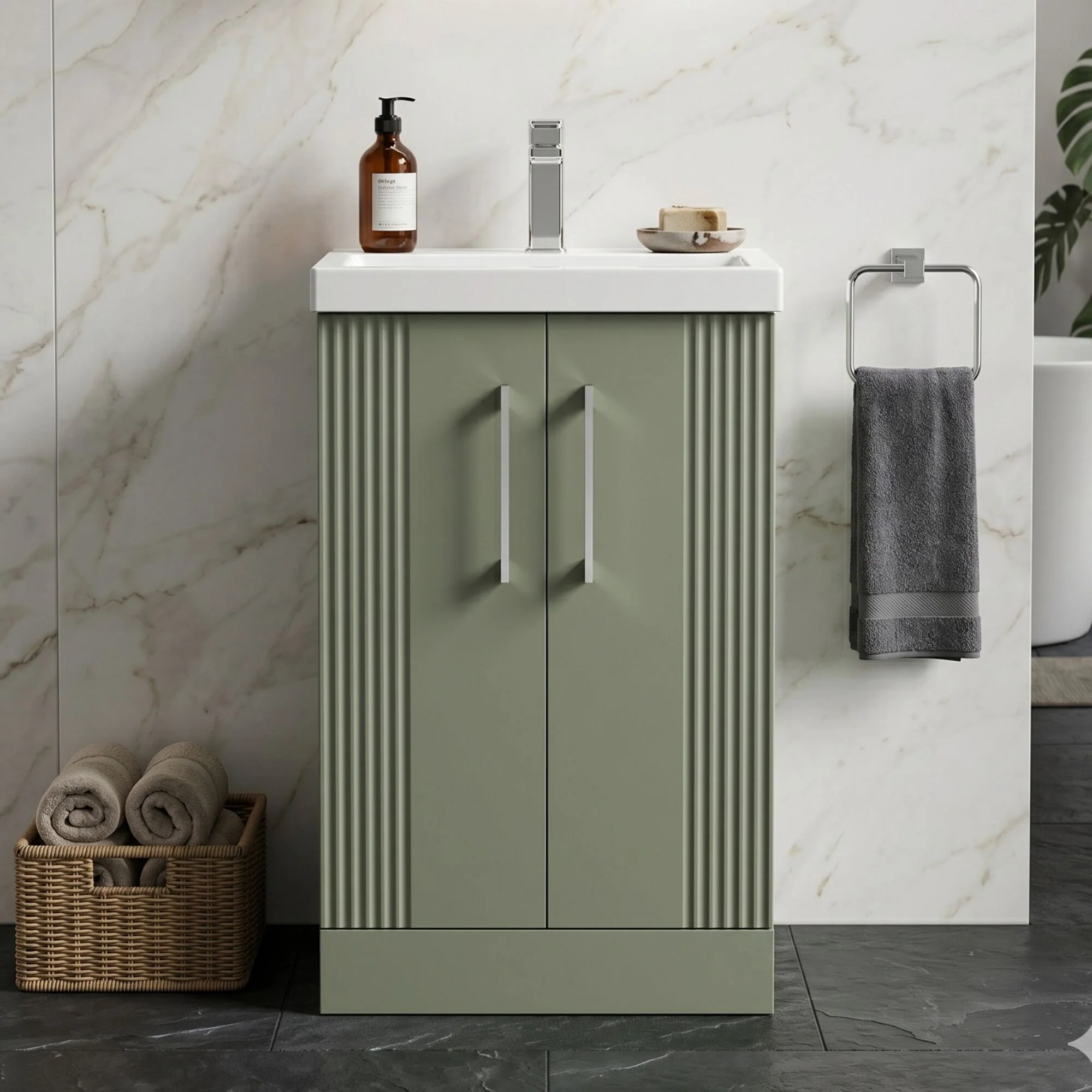 Belvide Partial Fluted 2 Door Floor Standing Vanity Unit with Mid-Edge 1 Tap Hole Ceramic Basin - Image 9