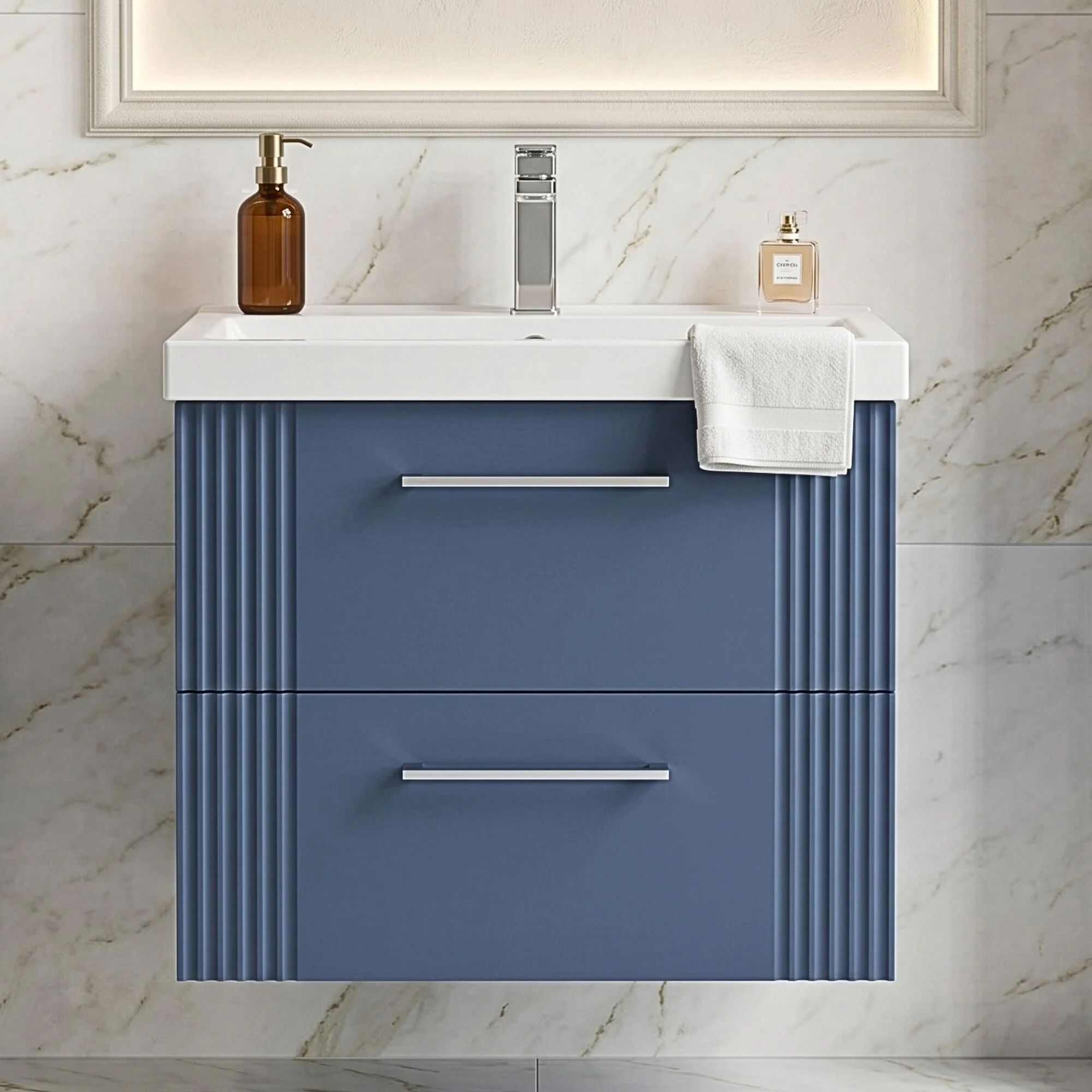 Belvide Partial Fluted 2 Drawer Wall Hung Vanity Unit with Mid-Edge 1 Tap Hole Ceramic Basin - Image 11