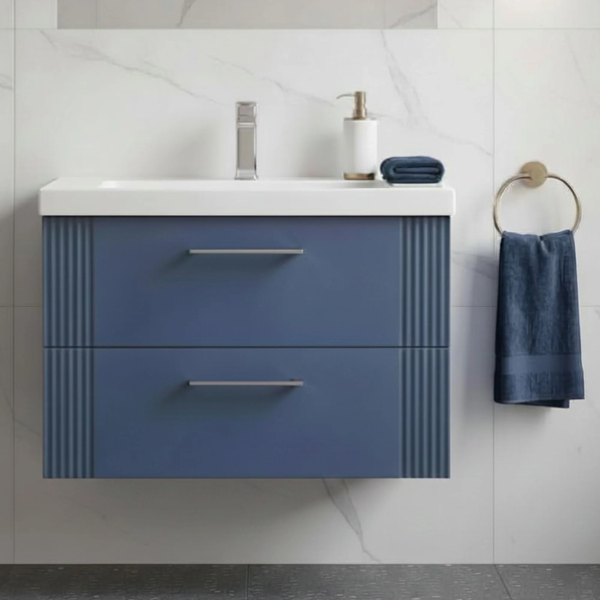 Belvide Partial Fluted 2 Drawer Wall Hung Vanity Unit with Mid-Edge 1 Tap Hole Ceramic Basin - Image 12
