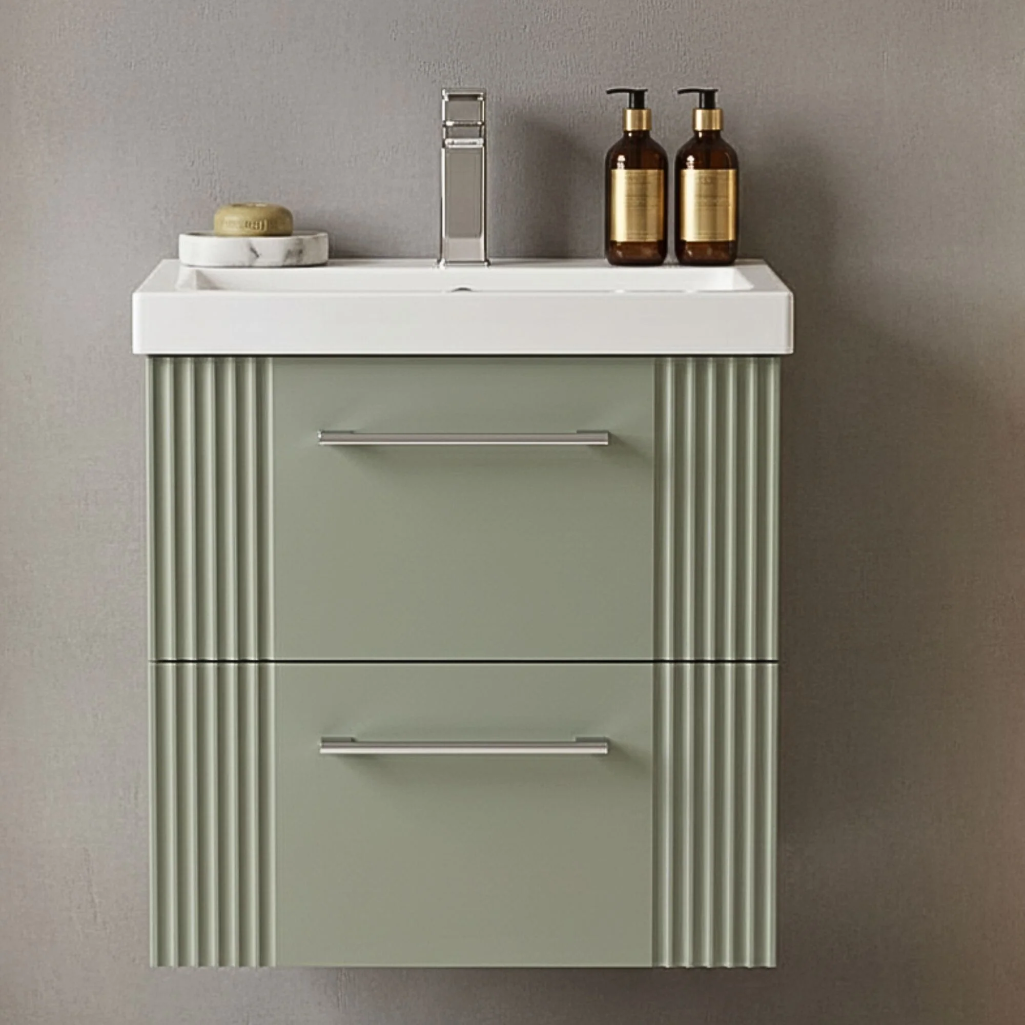 Belvide Partial Fluted 2 Drawer Wall Hung Vanity Unit with Mid-Edge 1 Tap Hole Ceramic Basin - Image 13