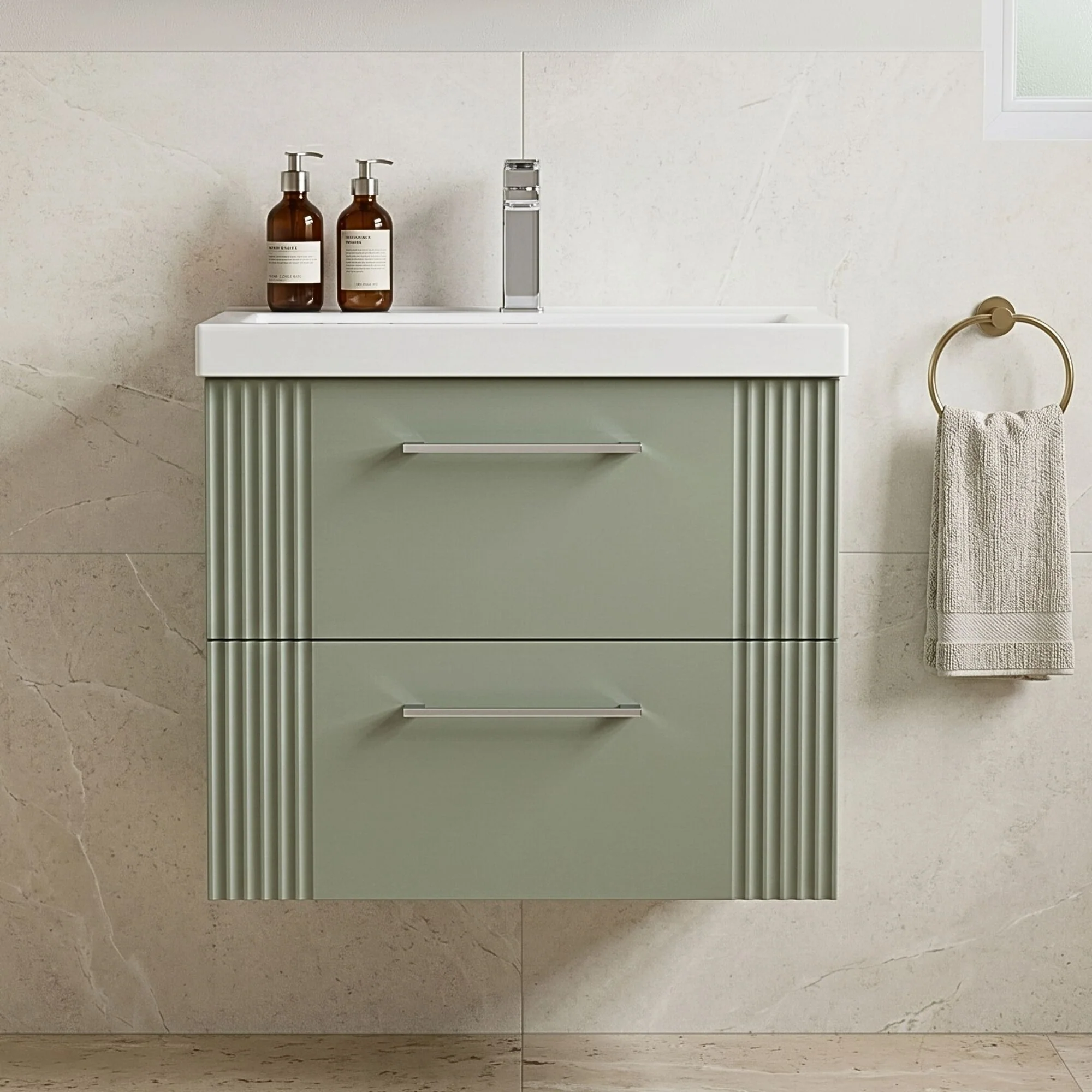 Belvide Partial Fluted 2 Drawer Wall Hung Vanity Unit with Mid-Edge 1 Tap Hole Ceramic Basin - Image 14