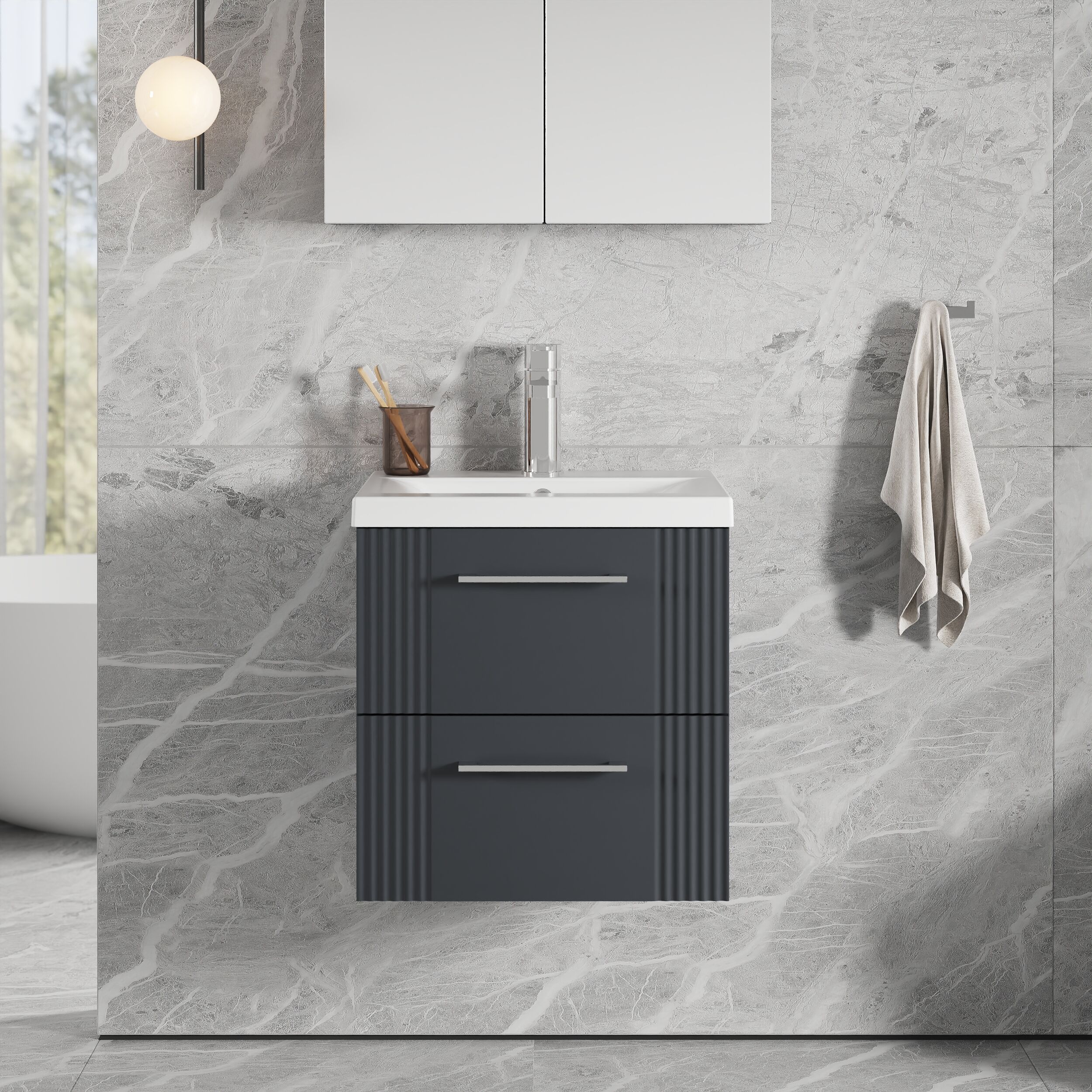 Belvide Partial Fluted 2 Drawer Wall Hung Vanity Unit with Mid-Edge 1 Tap Hole Ceramic Basin - Image 16