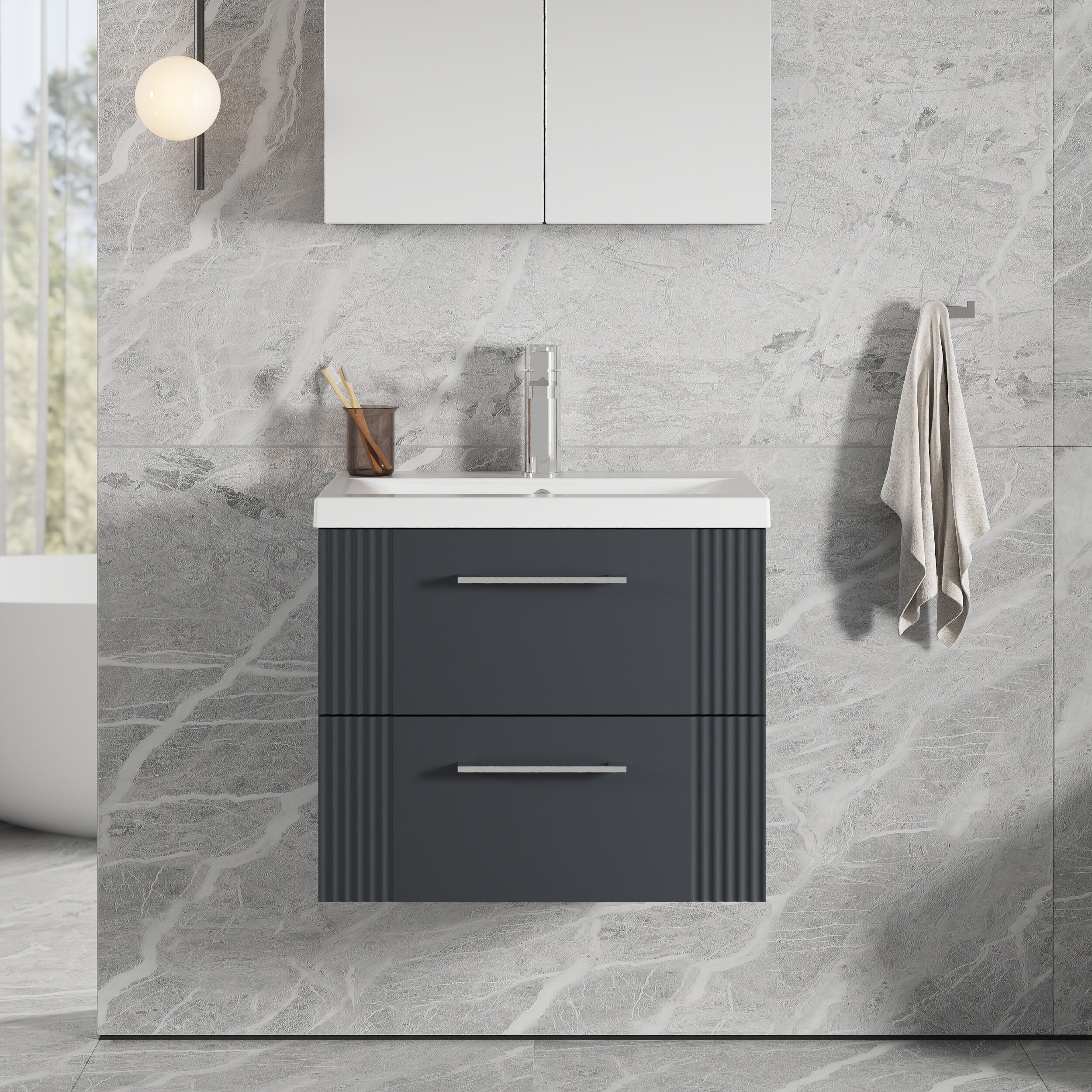 Belvide Partial Fluted 2 Drawer Wall Hung Vanity Unit with Mid-Edge 1 Tap Hole Ceramic Basin - Image 17