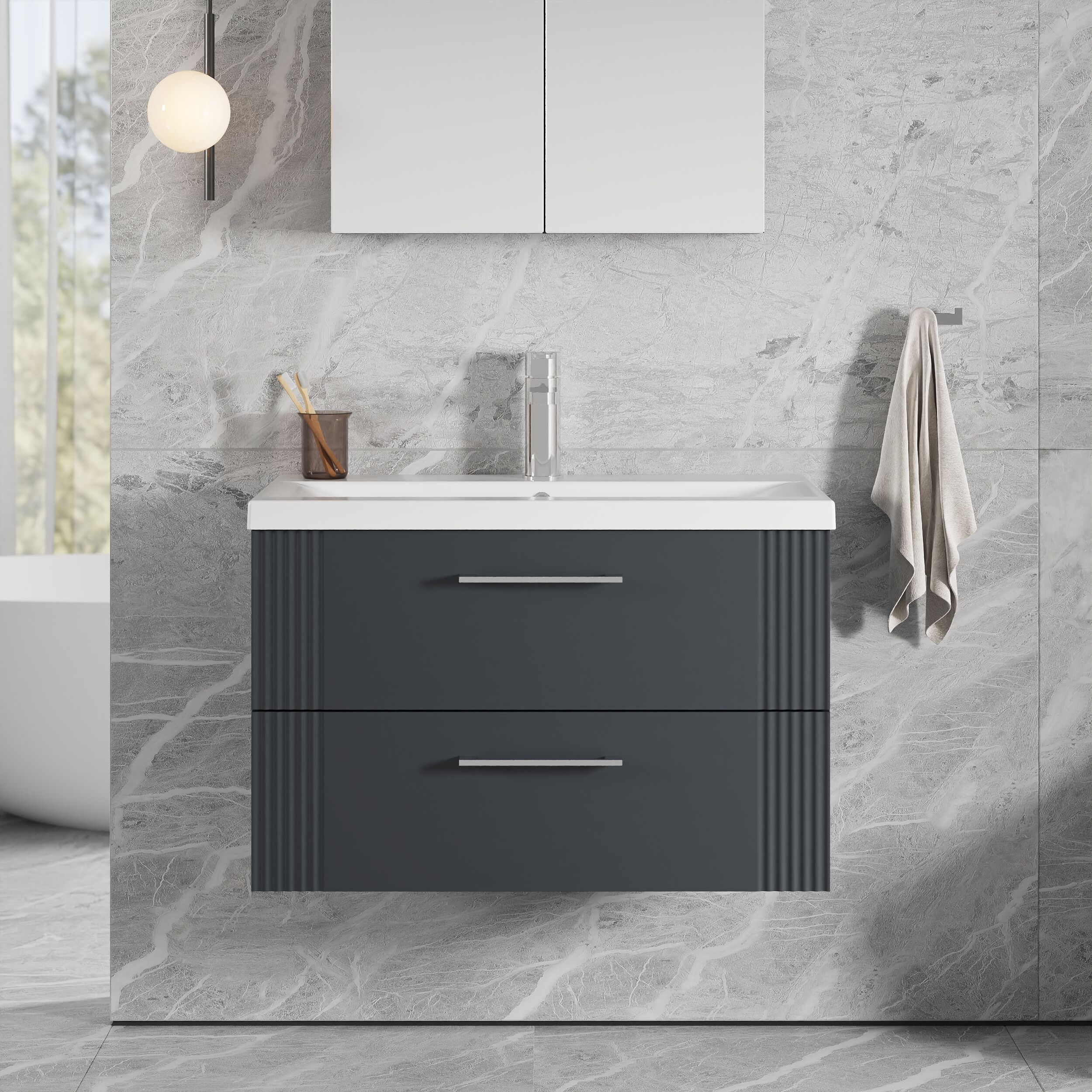 Belvide Partial Fluted 2 Drawer Wall Hung Vanity Unit with Mid-Edge 1 Tap Hole Ceramic Basin - Image 18