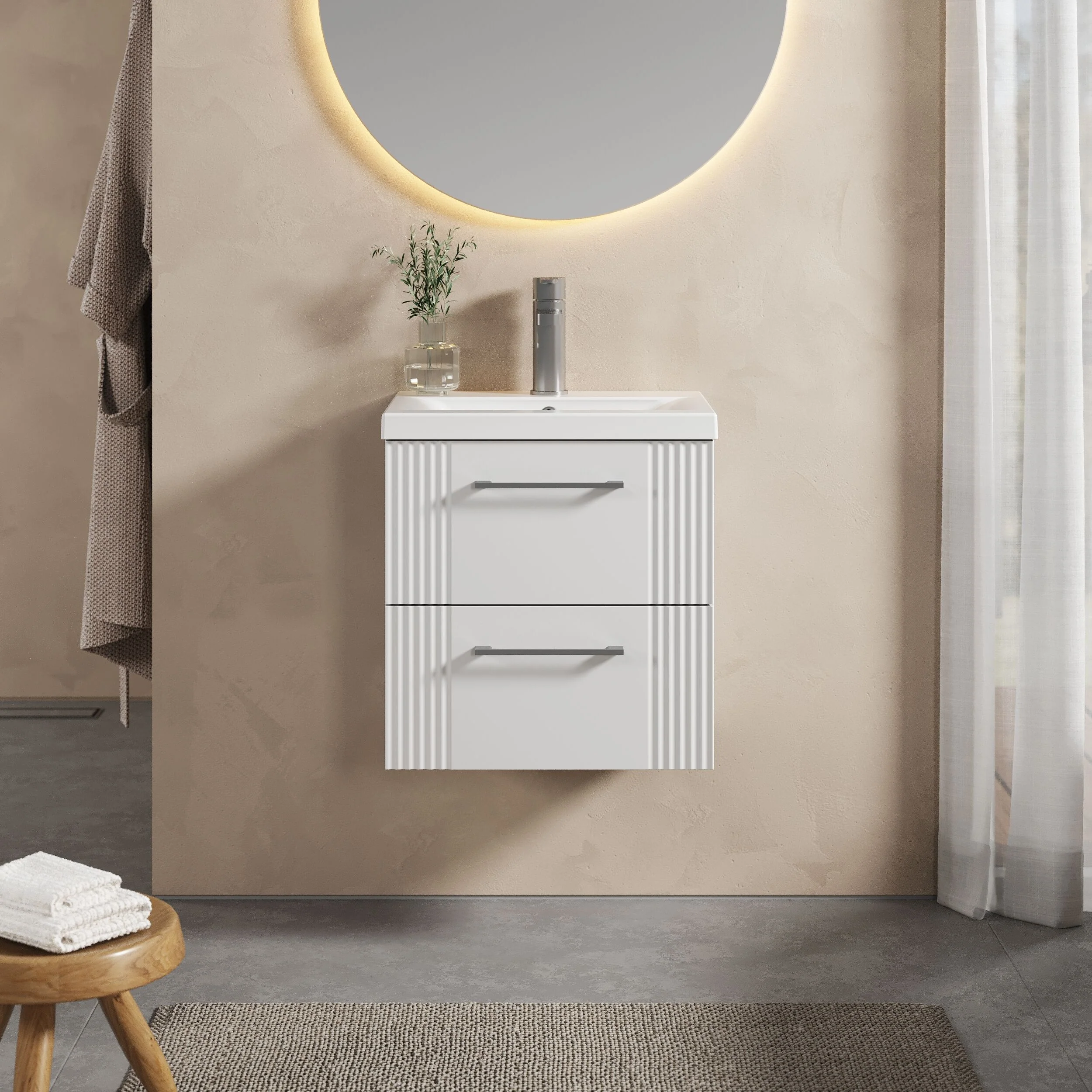Belvide Partial Fluted 2 Drawer Wall Hung Vanity Unit with Mid-Edge 1 Tap Hole Ceramic Basin - Image 19