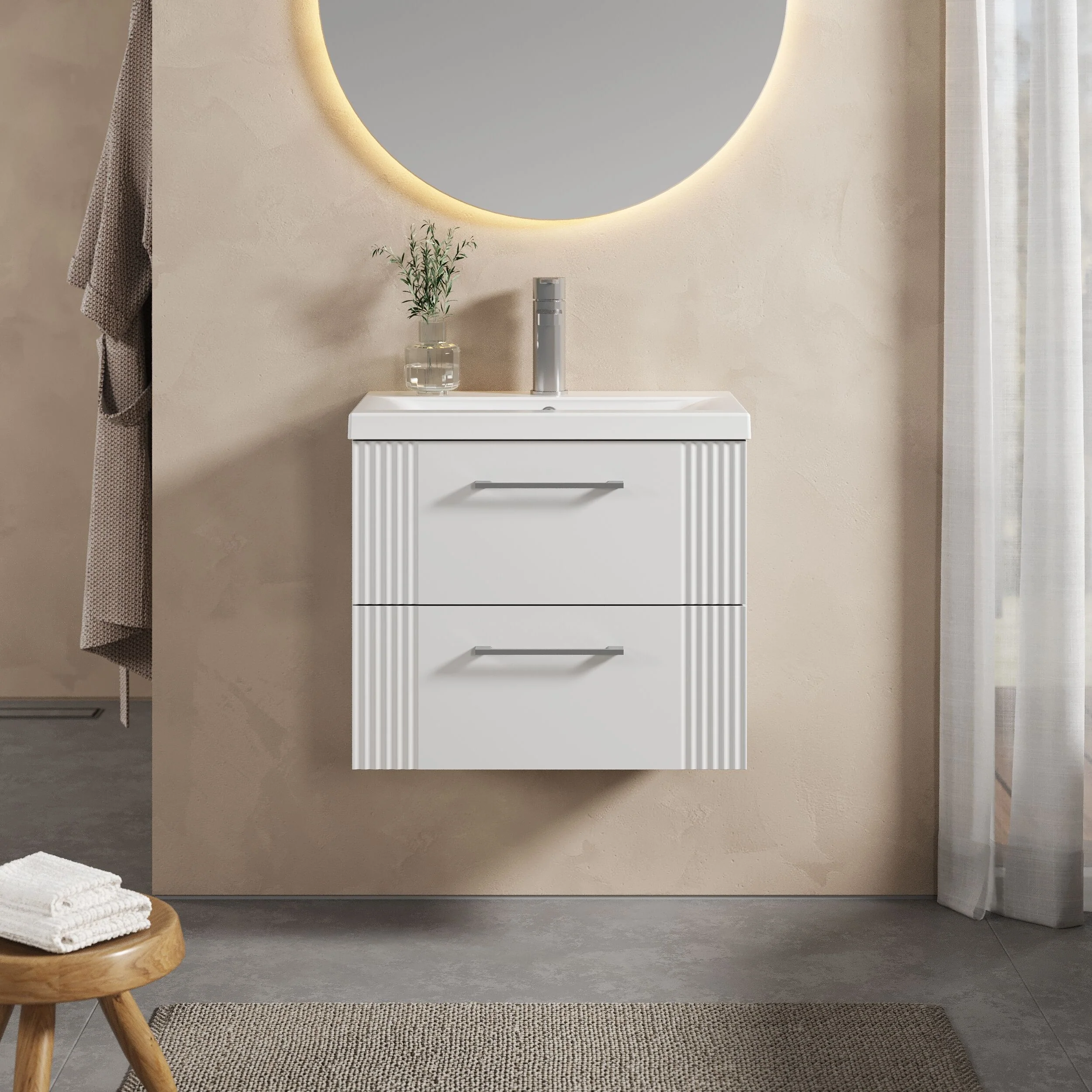 Belvide Partial Fluted 2 Drawer Wall Hung Vanity Unit with Mid-Edge 1 Tap Hole Ceramic Basin - Image 20