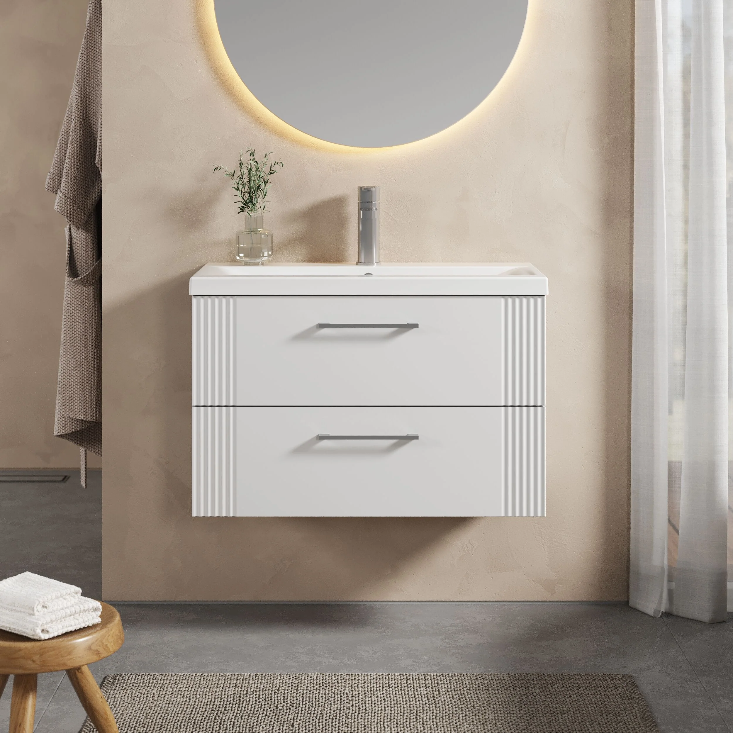 Belvide Partial Fluted 2 Drawer Wall Hung Vanity Unit with Mid-Edge 1 Tap Hole Ceramic Basin - Image 21