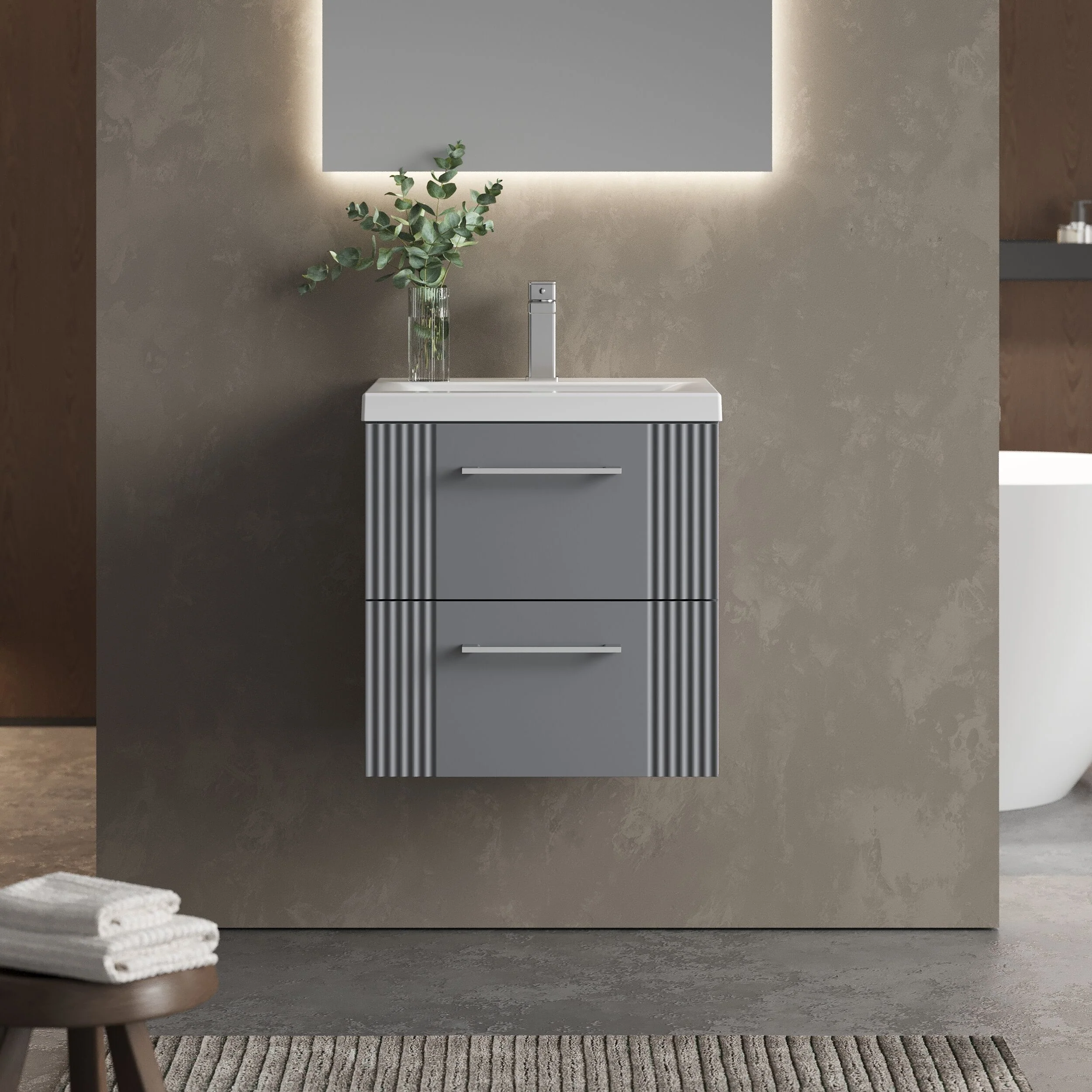 Belvide Partial Fluted 2 Drawer Wall Hung Vanity Unit with Mid-Edge 1 Tap Hole Ceramic Basin - Image 22