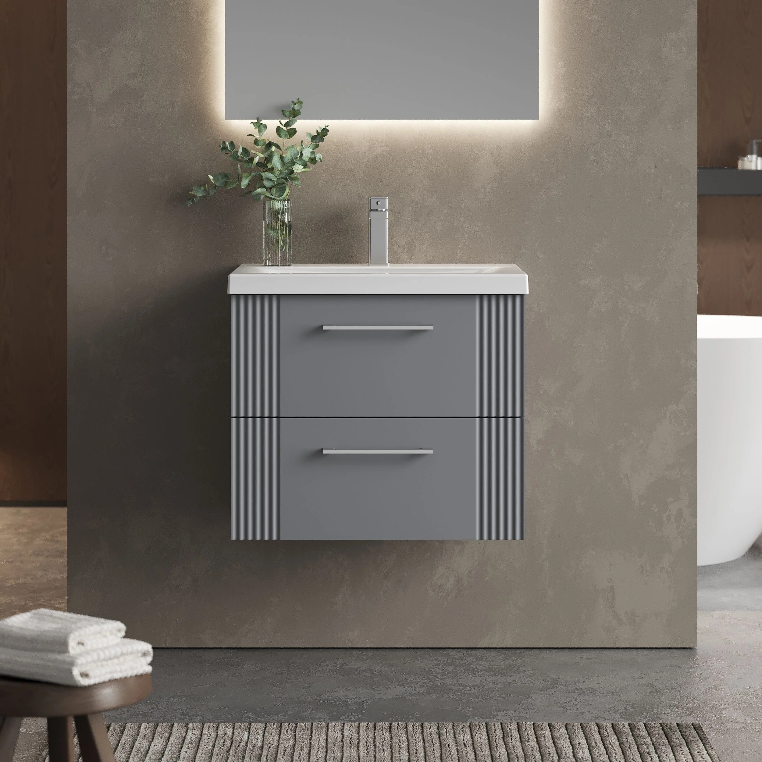 Belvide Partial Fluted 2 Drawer Wall Hung Vanity Unit with Mid-Edge 1 Tap Hole Ceramic Basin - Image 23