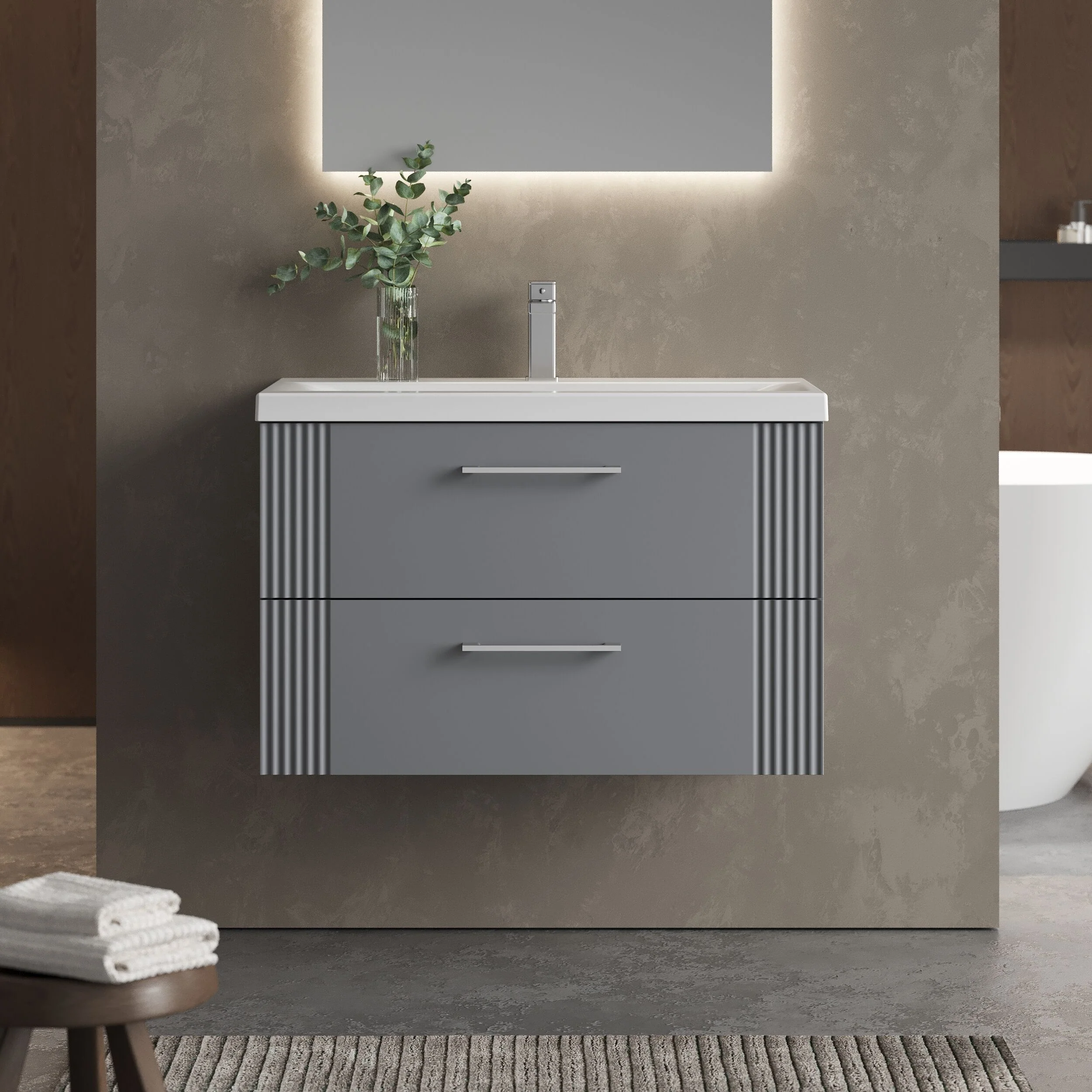 Belvide Partial Fluted 2 Drawer Wall Hung Vanity Unit with Mid-Edge 1 Tap Hole Ceramic Basin - Image 24