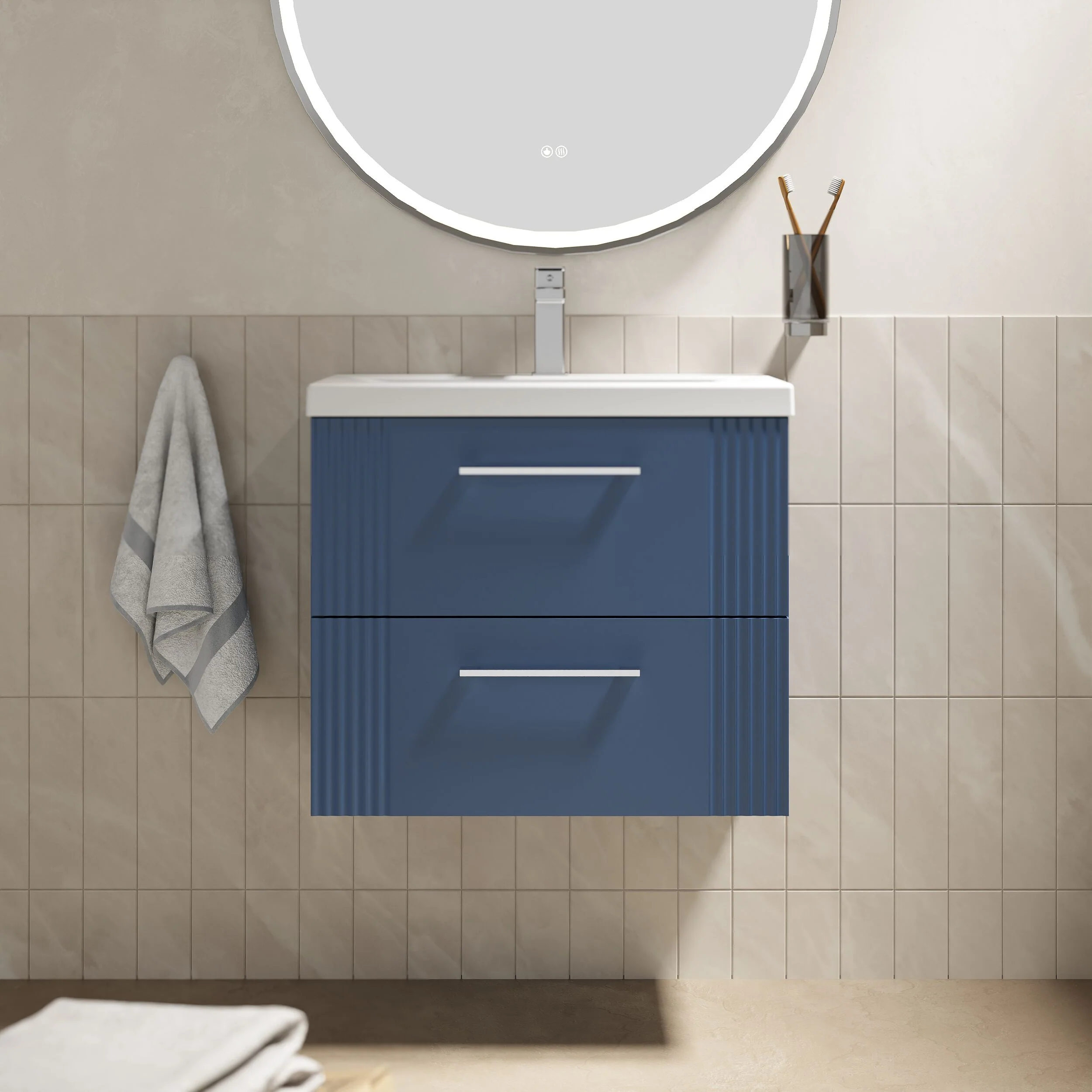 Belvide Partial Fluted 2 Drawer Wall Hung Vanity Unit with Mid-Edge 1 Tap Hole Ceramic Basin - Image 26