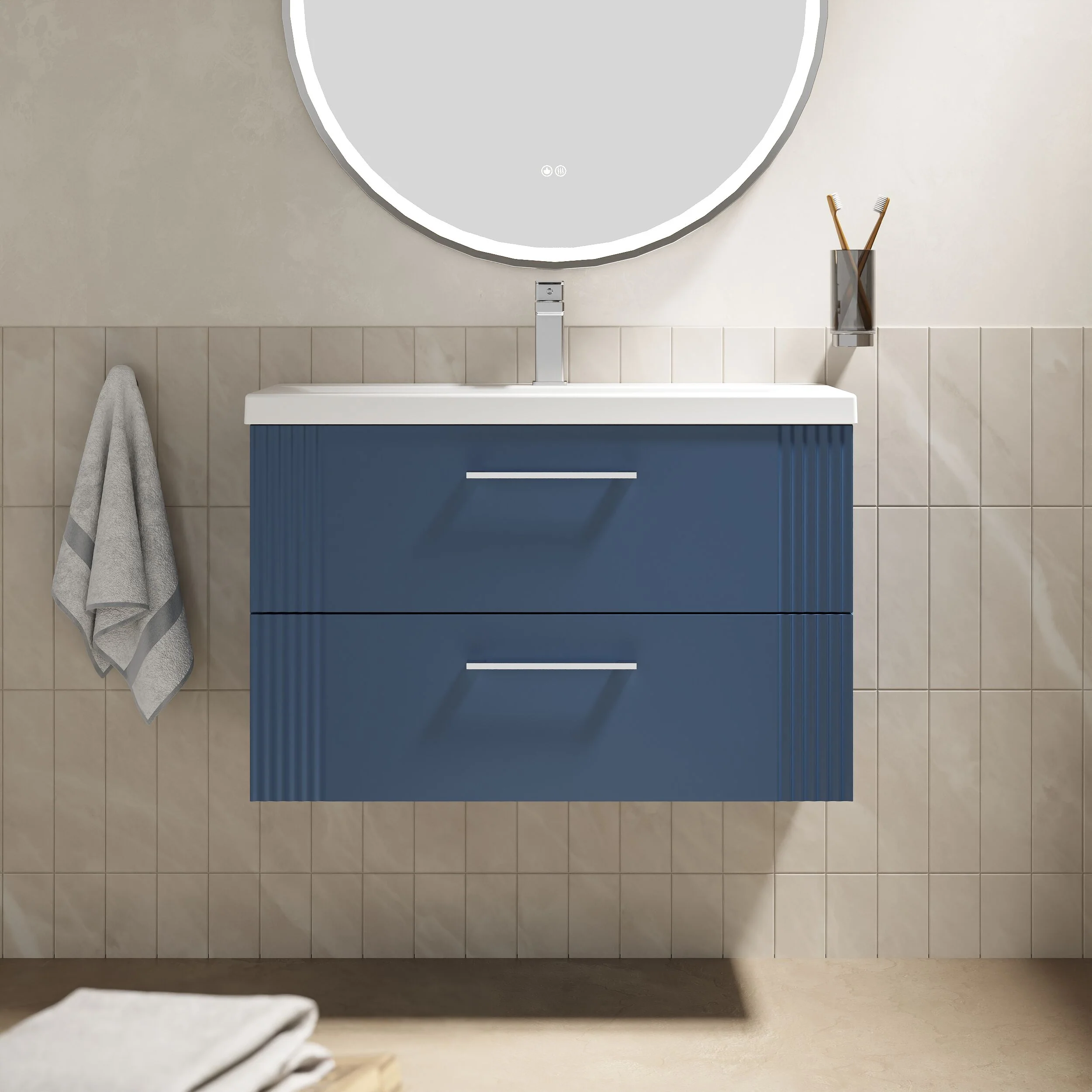 Belvide Partial Fluted 2 Drawer Wall Hung Vanity Unit with Mid-Edge 1 Tap Hole Ceramic Basin - Image 27