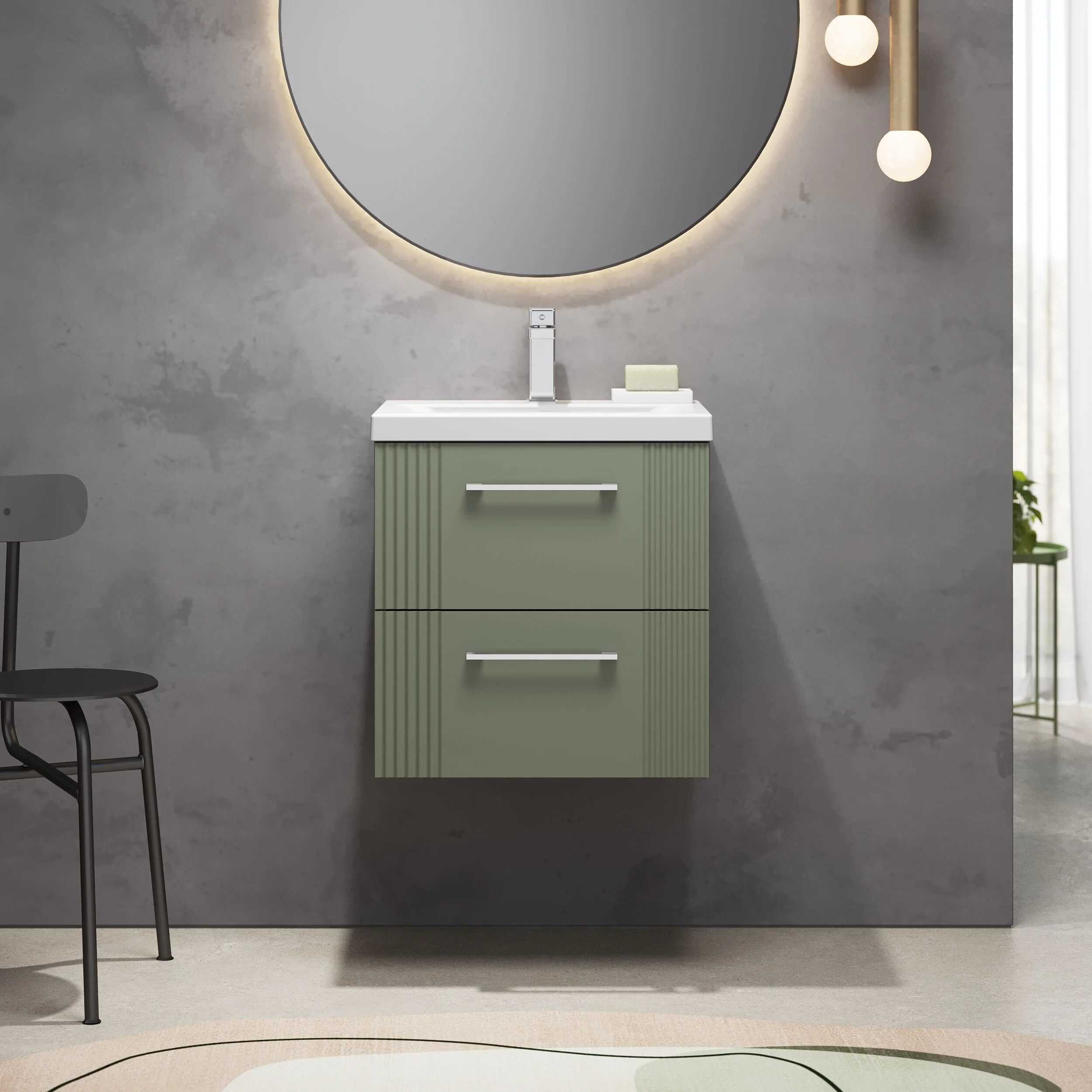 Belvide Partial Fluted 2 Drawer Wall Hung Vanity Unit with Mid-Edge 1 Tap Hole Ceramic Basin - Image 28