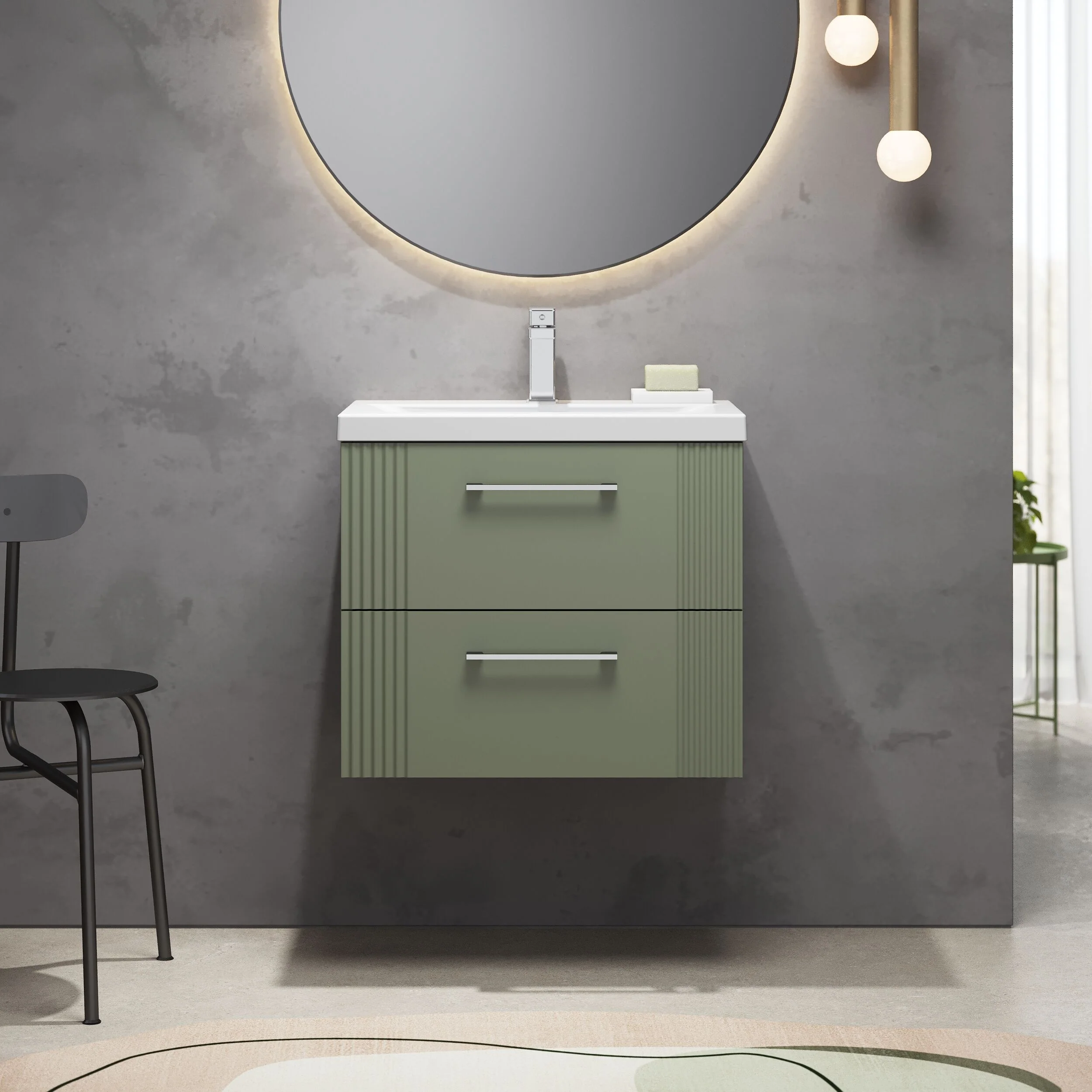 Belvide Partial Fluted 2 Drawer Wall Hung Vanity Unit with Mid-Edge 1 Tap Hole Ceramic Basin - Image 29
