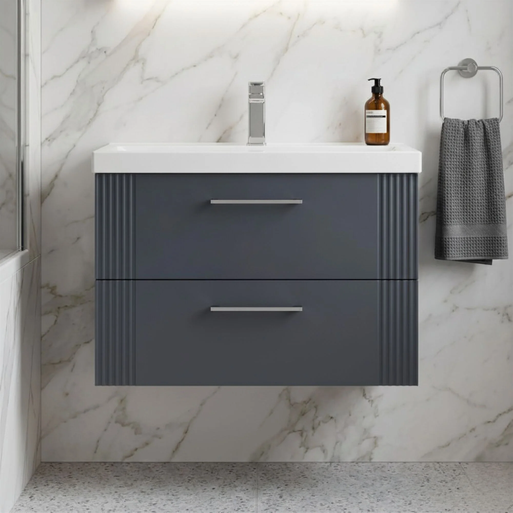 Belvide Partial Fluted 2 Drawer Wall Hung Vanity Unit with Mid-Edge 1 Tap Hole Ceramic Basin - Image 3