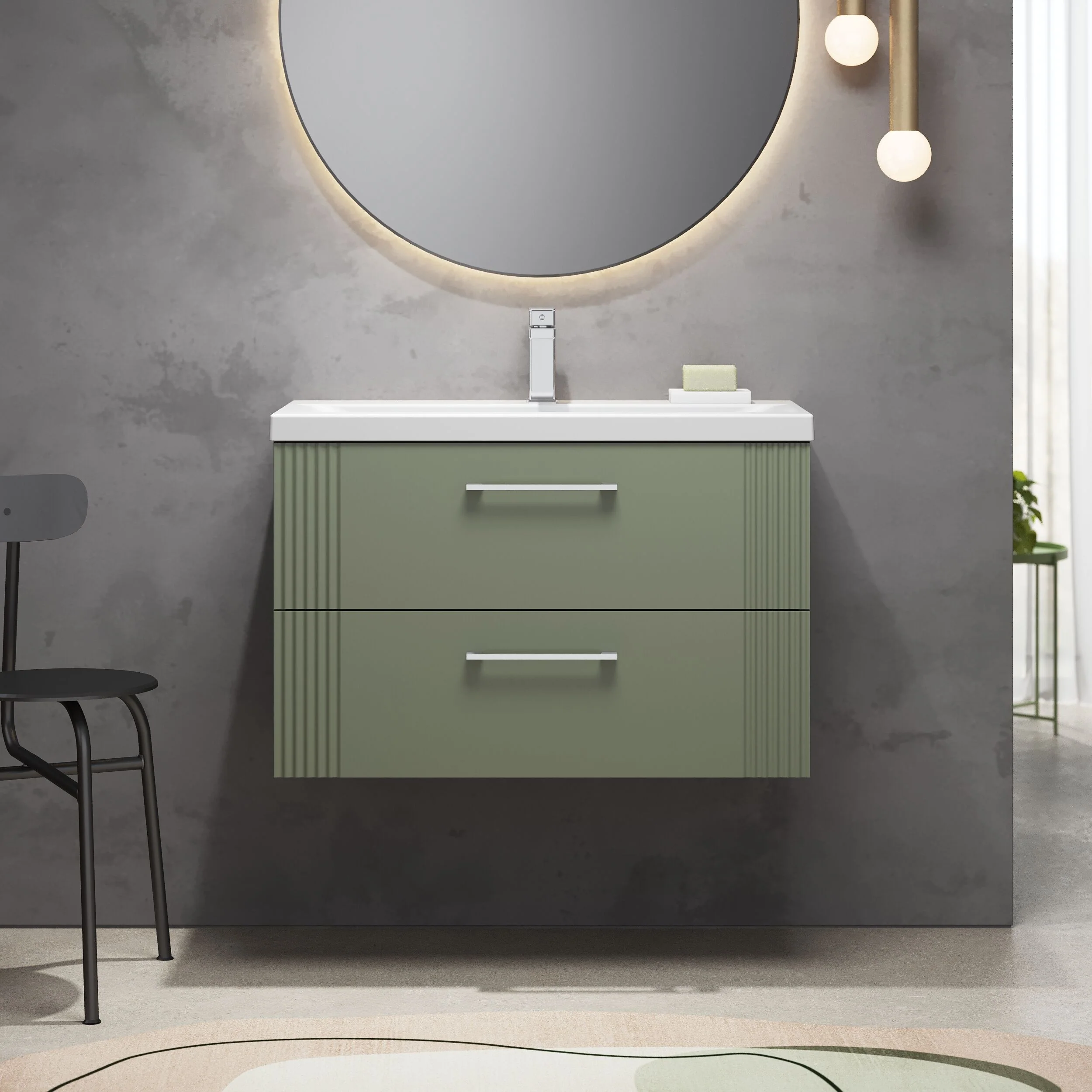 Belvide Partial Fluted 2 Drawer Wall Hung Vanity Unit with Mid-Edge 1 Tap Hole Ceramic Basin - Image 30