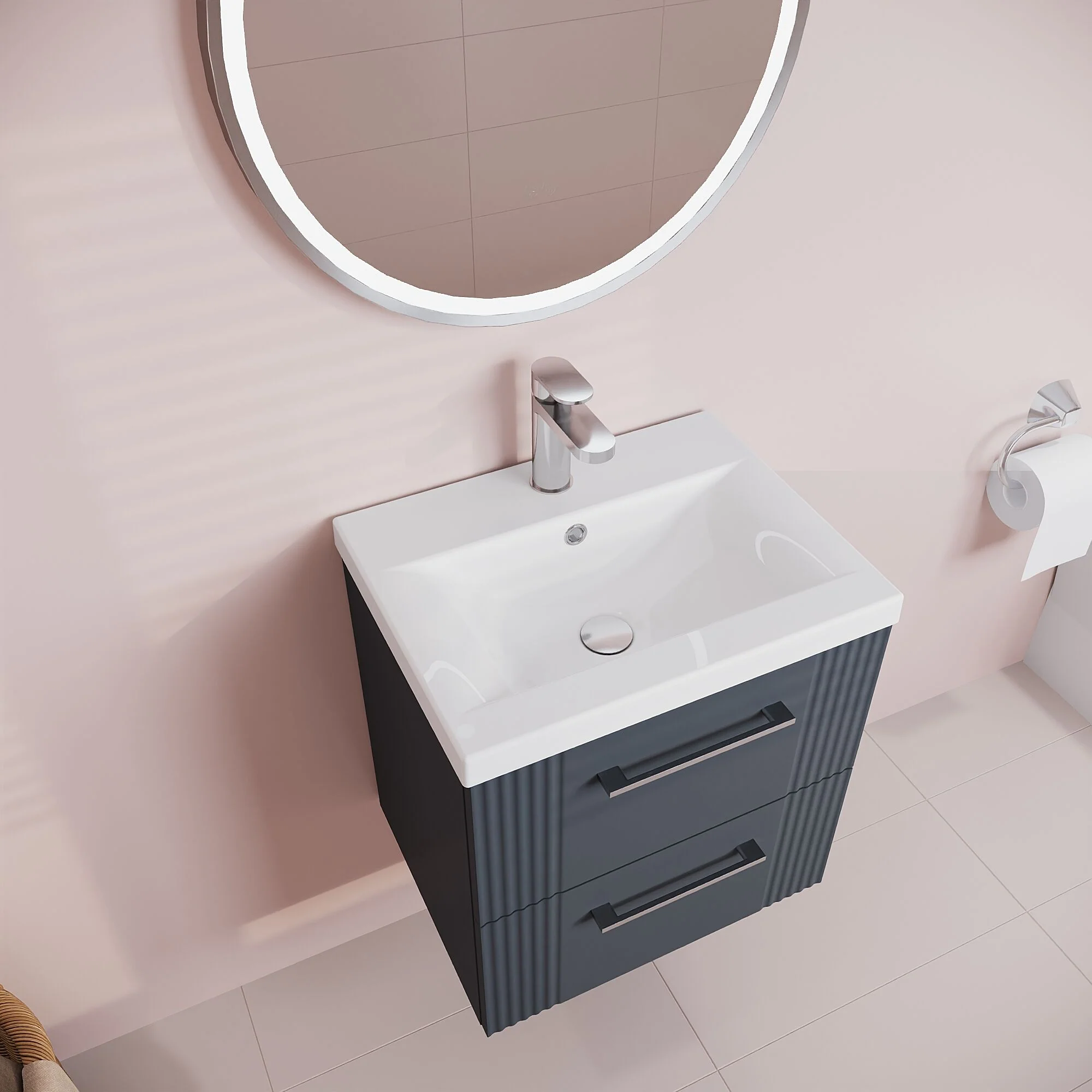 Belvide Partial Fluted 2 Drawer Wall Hung Vanity Unit with Mid-Edge 1 Tap Hole Ceramic Basin - Image 31