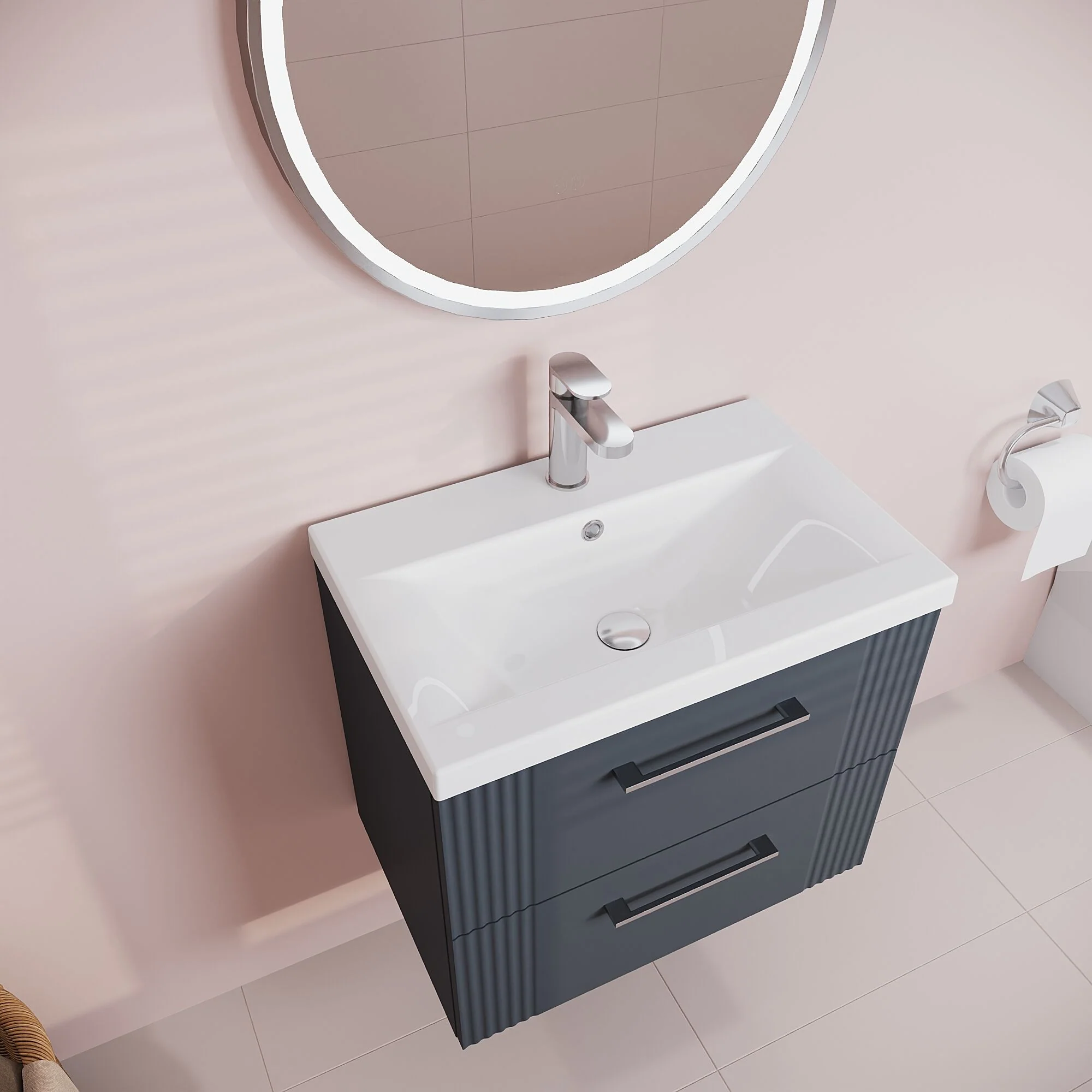 Belvide Partial Fluted 2 Drawer Wall Hung Vanity Unit with Mid-Edge 1 Tap Hole Ceramic Basin - Image 32