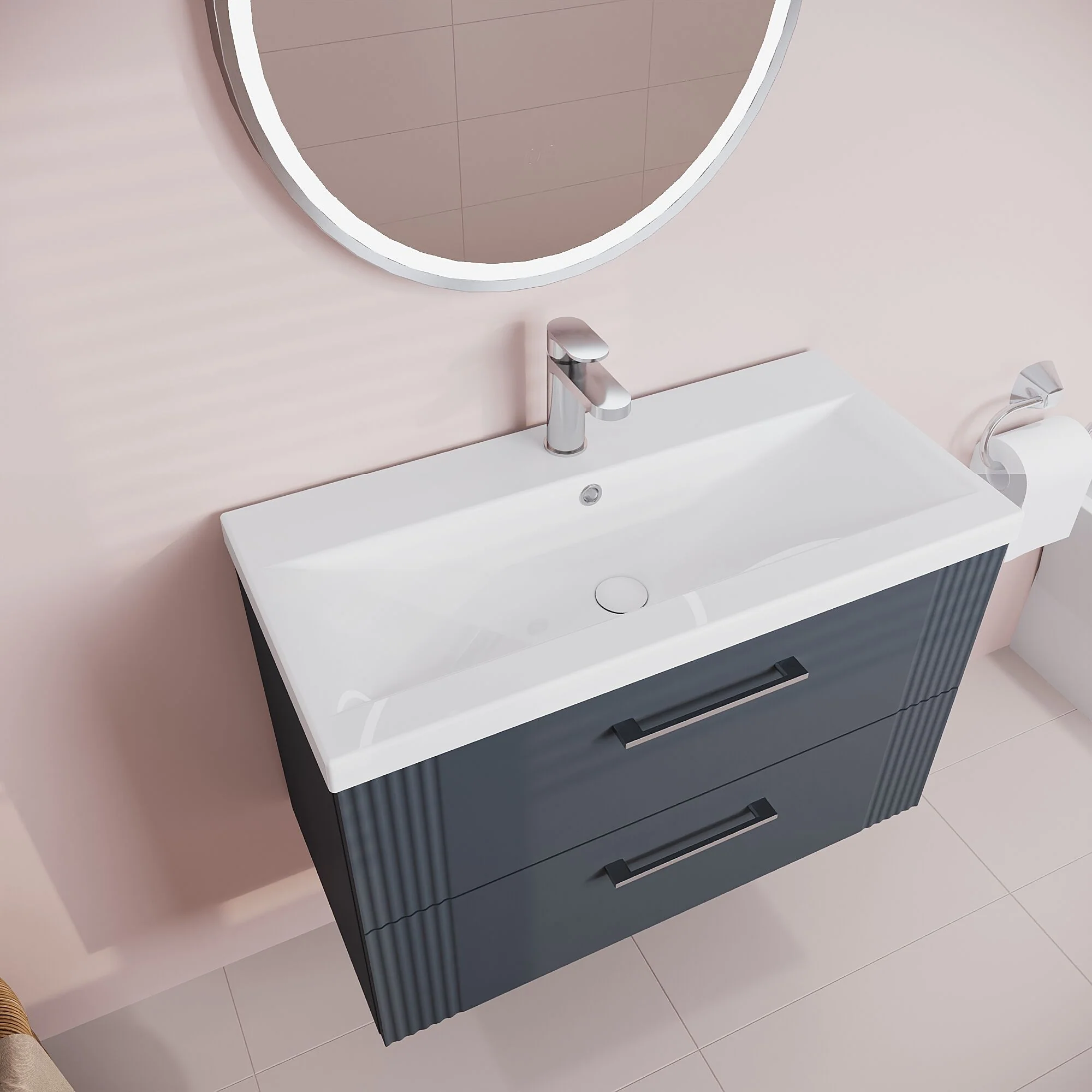 Belvide Partial Fluted 2 Drawer Wall Hung Vanity Unit with Mid-Edge 1 Tap Hole Ceramic Basin - Image 33