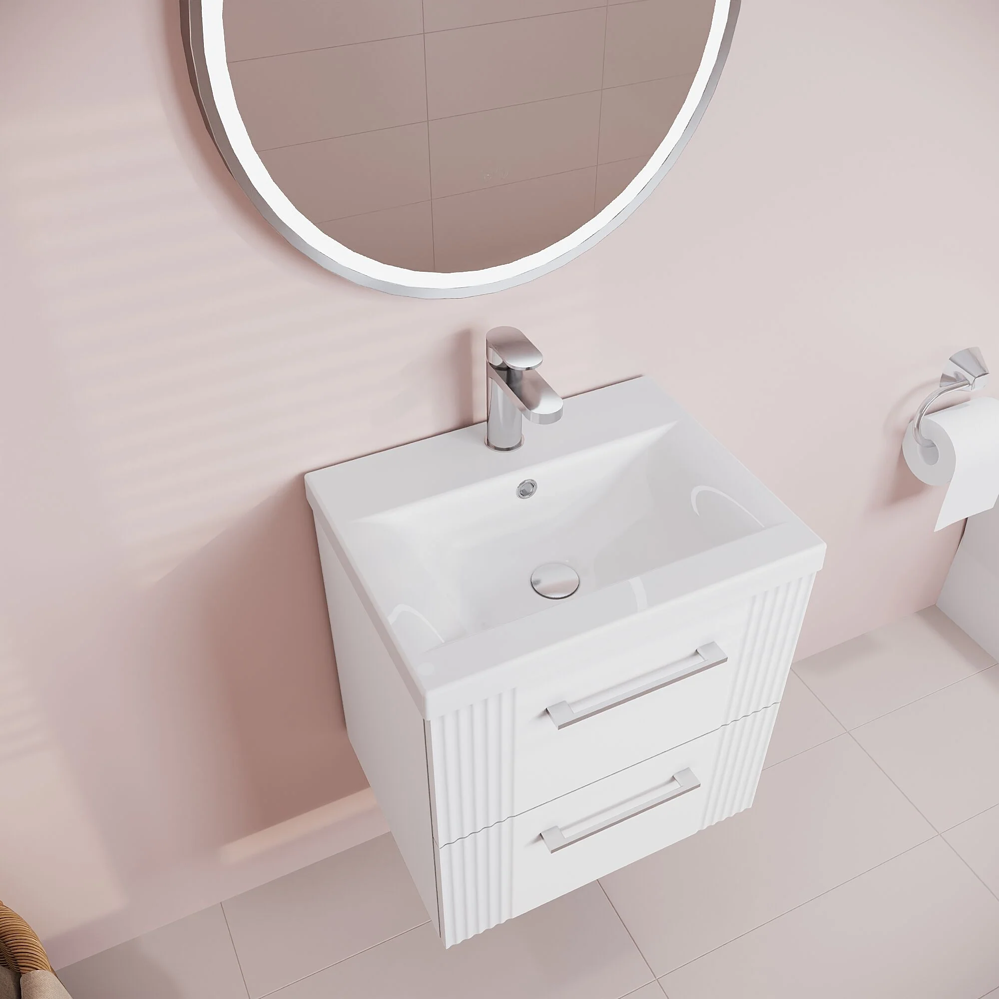 Belvide Partial Fluted 2 Drawer Wall Hung Vanity Unit with Mid-Edge 1 Tap Hole Ceramic Basin - Image 34