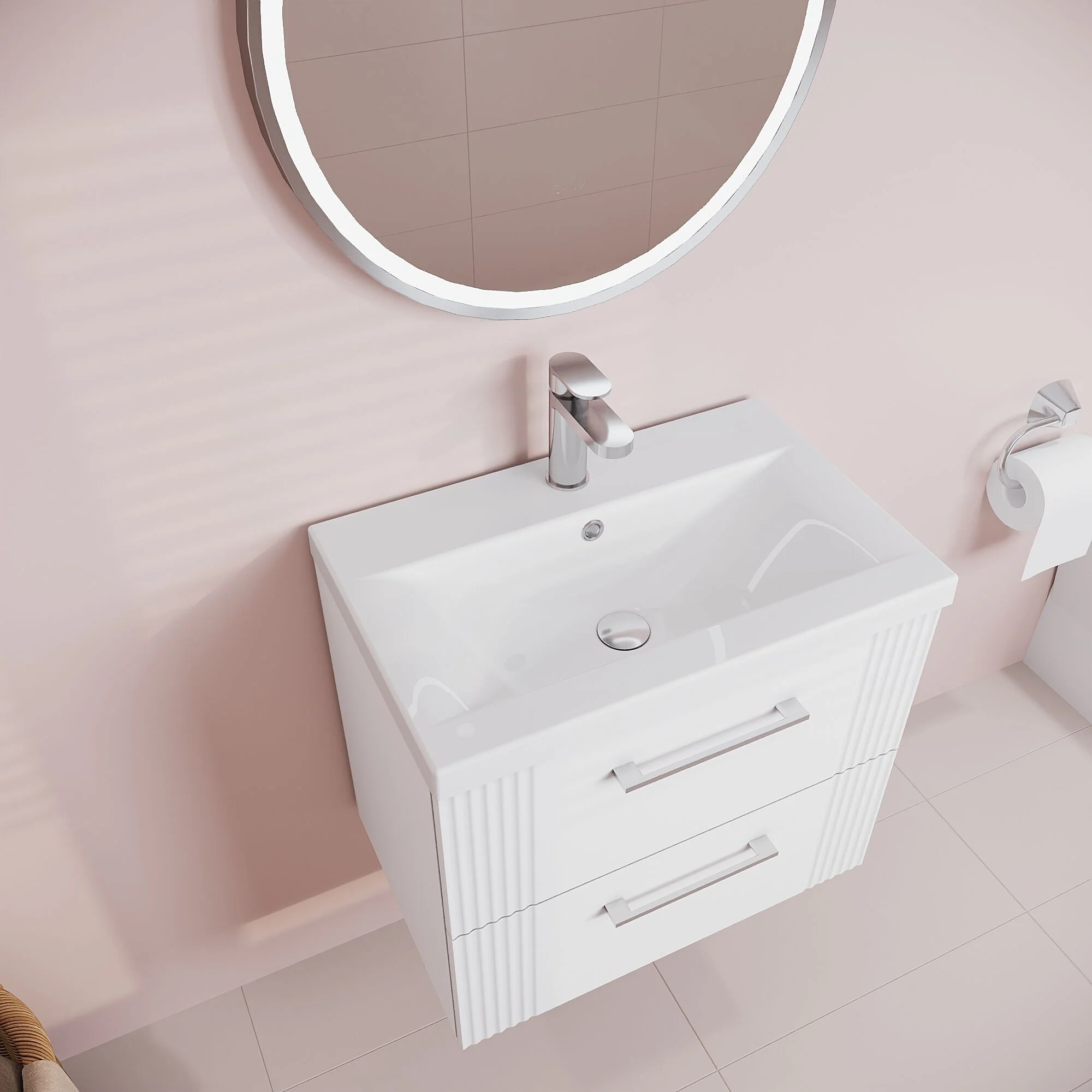 Belvide Partial Fluted 2 Drawer Wall Hung Vanity Unit with Mid-Edge 1 Tap Hole Ceramic Basin - Image 35