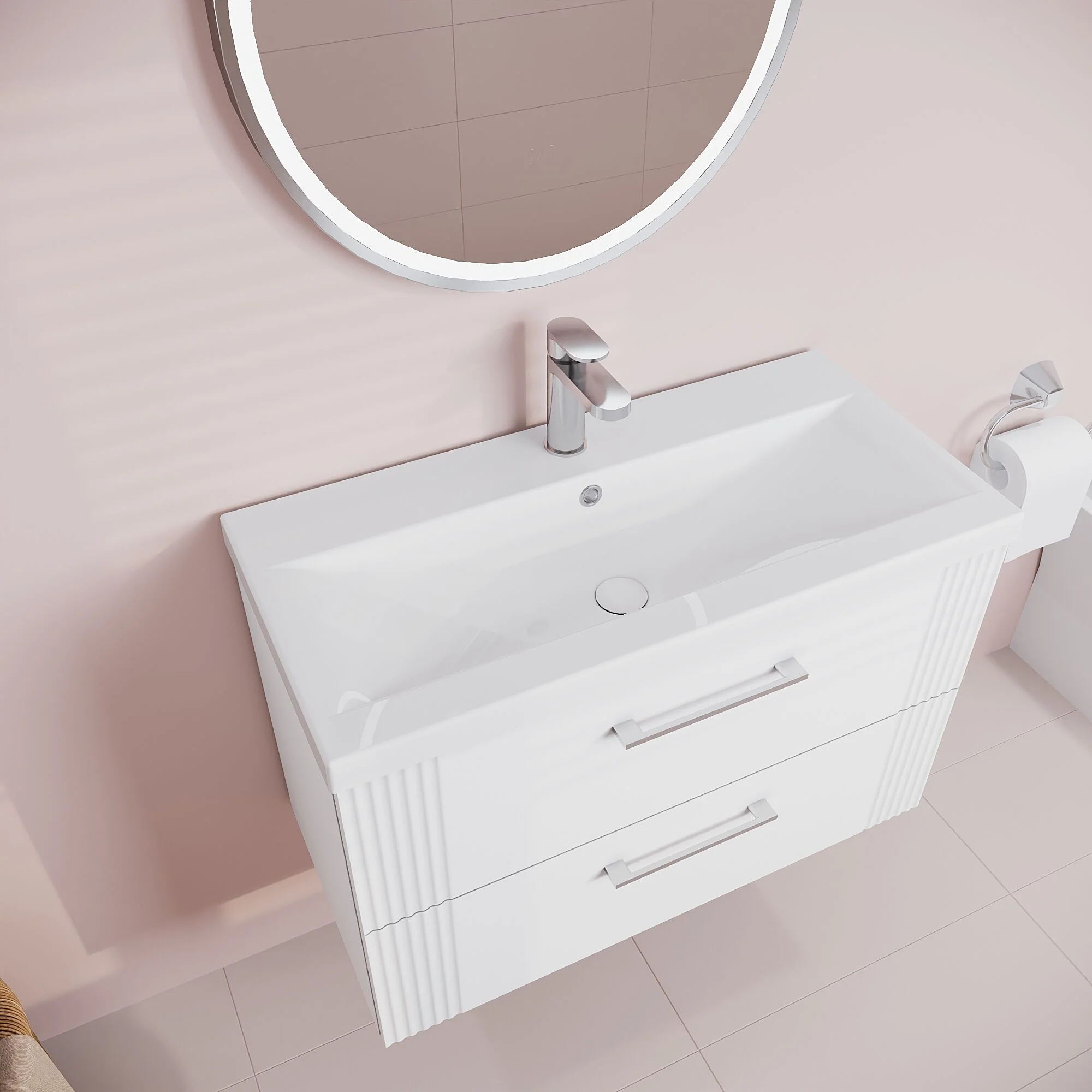 Belvide Partial Fluted 2 Drawer Wall Hung Vanity Unit with Mid-Edge 1 Tap Hole Ceramic Basin - Image 36