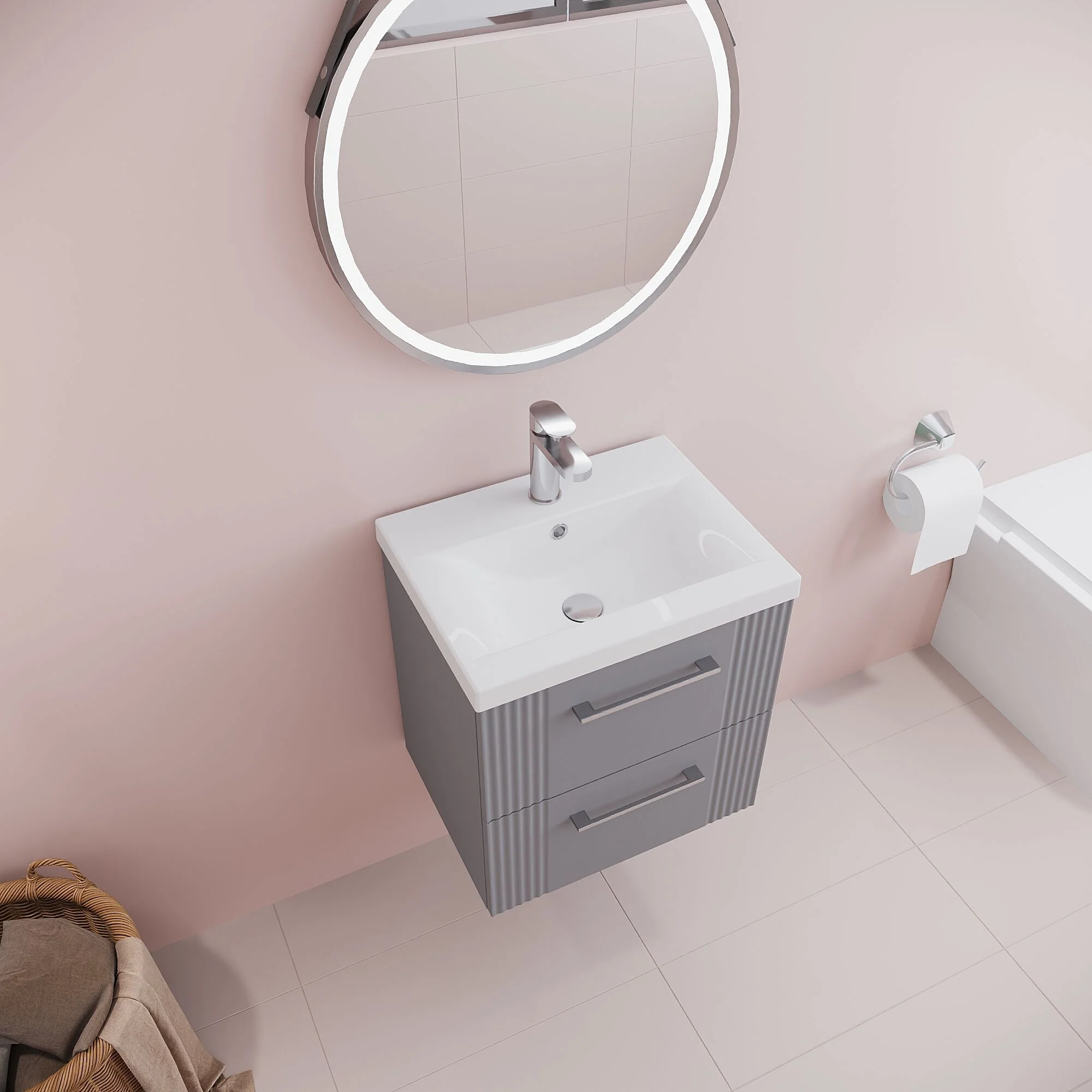 Belvide Partial Fluted 2 Drawer Wall Hung Vanity Unit with Mid-Edge 1 Tap Hole Ceramic Basin - Image 37