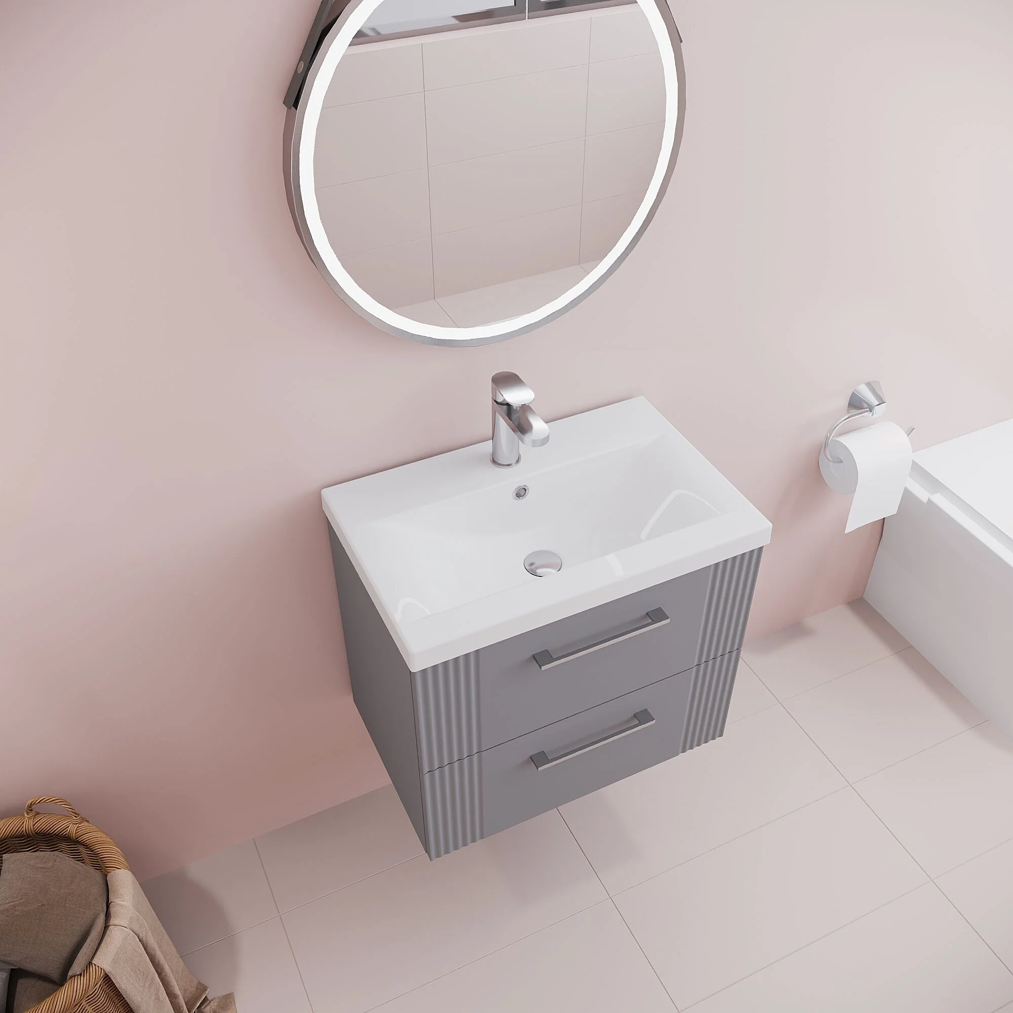 Belvide Partial Fluted 2 Drawer Wall Hung Vanity Unit with Mid-Edge 1 Tap Hole Ceramic Basin - Image 38