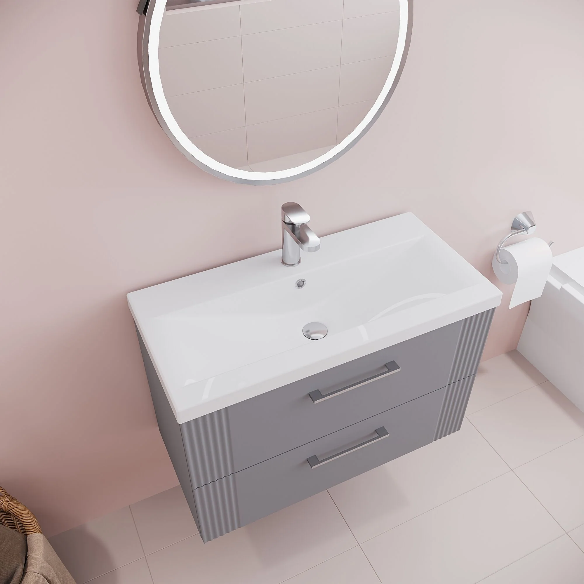 Belvide Partial Fluted 2 Drawer Wall Hung Vanity Unit with Mid-Edge 1 Tap Hole Ceramic Basin - Image 39