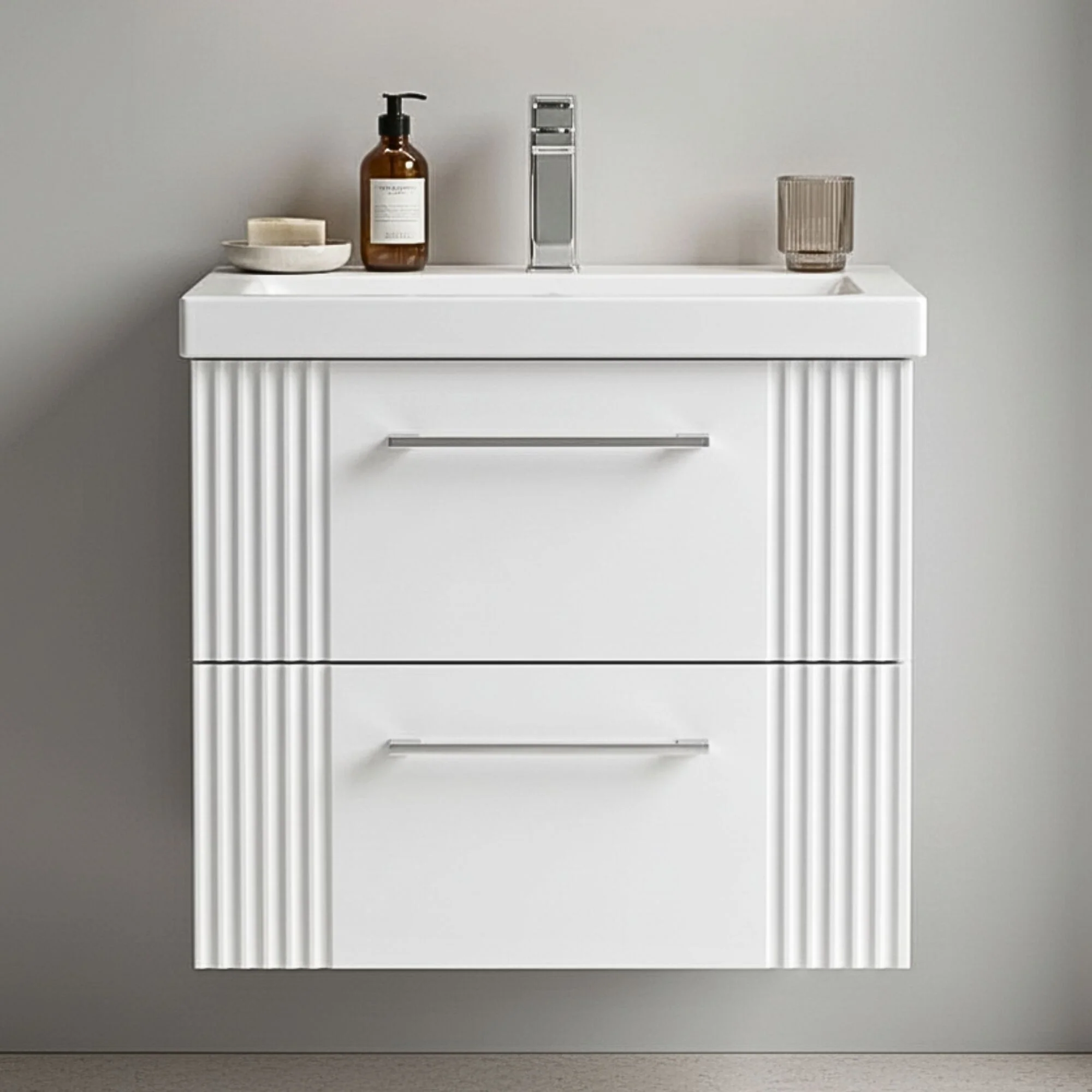 Belvide Partial Fluted 2 Drawer Wall Hung Vanity Unit with Mid-Edge 1 Tap Hole Ceramic Basin - Image 4