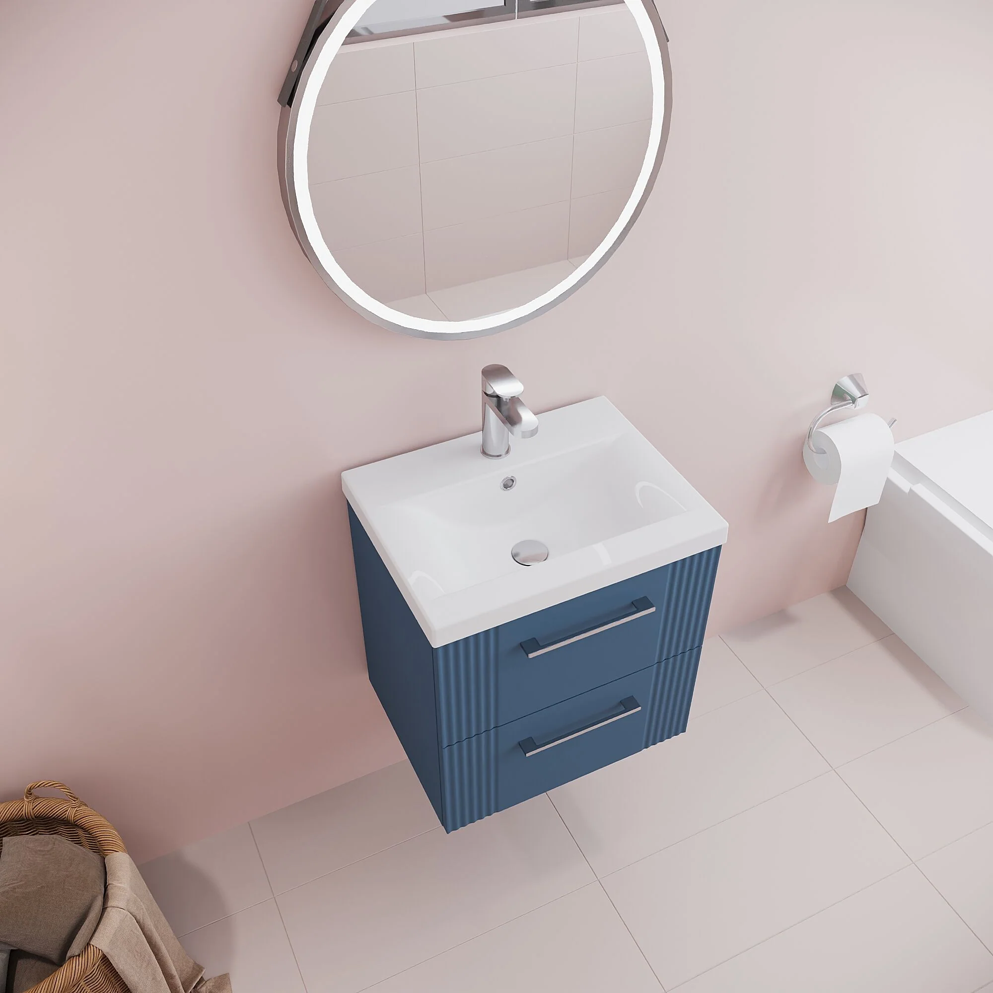 Belvide Partial Fluted 2 Drawer Wall Hung Vanity Unit with Mid-Edge 1 Tap Hole Ceramic Basin - Image 40