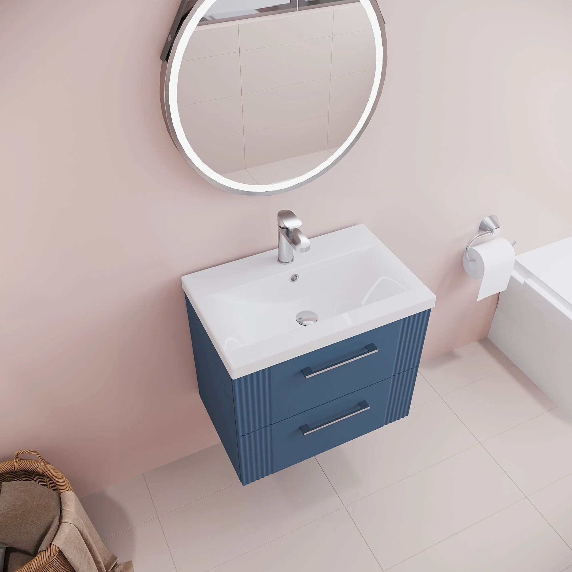 Belvide Partial Fluted 2 Drawer Wall Hung Vanity Unit with Mid-Edge 1 Tap Hole Ceramic Basin - Image 41