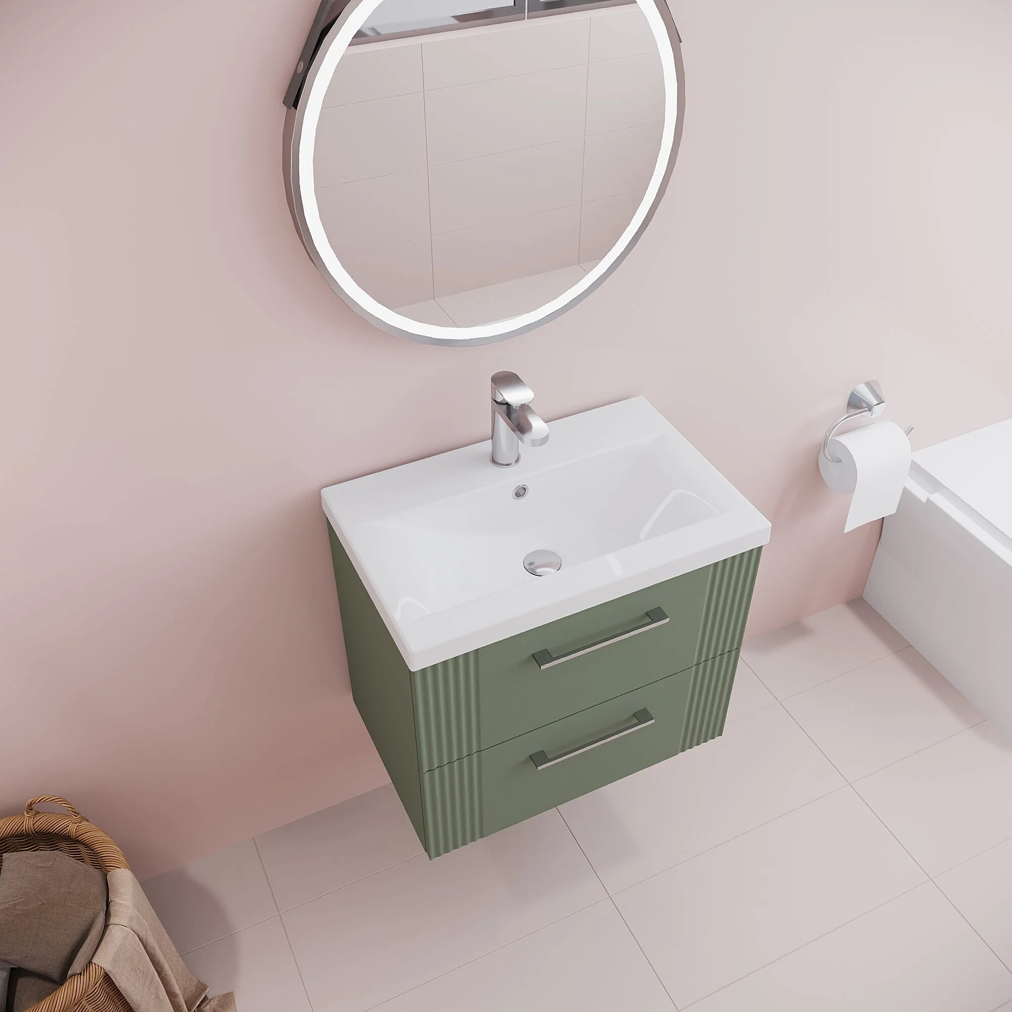 Belvide Partial Fluted 2 Drawer Wall Hung Vanity Unit with Mid-Edge 1 Tap Hole Ceramic Basin - Image 44